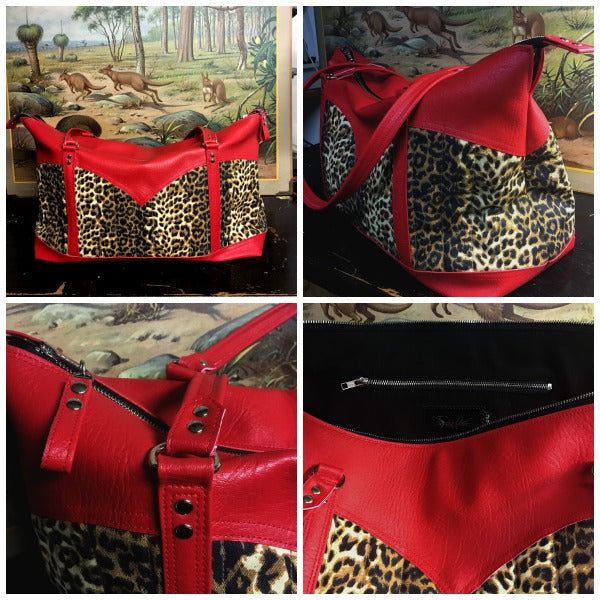 Sample Sale Get Away Weekender Bag in Leopard and Bombshell Red with Black Lining in “almost perfect condition” and sold “as is”. Measures 20” x 9” x 13” (approx 50cm x 22cm x 33cm) with 32” (approx 81cm) Shoulder Straps. Inside is an open divided pocket and zipper pocket. Fits most Airline overhead compartments. All Sales are final, no returns and no exchanges. Price includes shipping from Sweden.