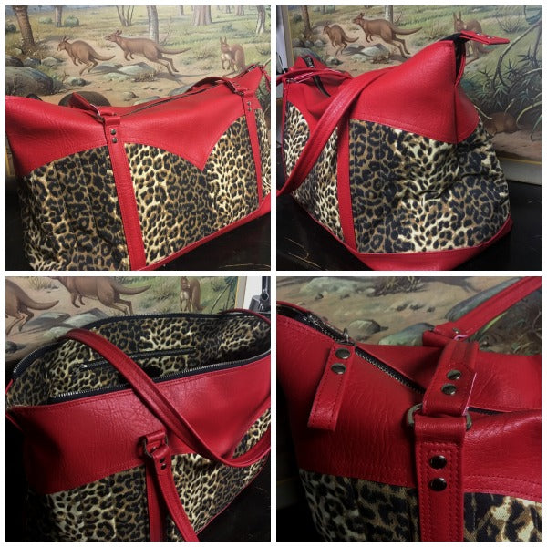 Sample Sale Get Away Weekender Bag in Leopard and Bombshell Red with Leopard Lining in “almost perfect condition” and sold “as is”. Measures 20” x 9” x 13” (approx 50cm x 22cm x 33cm) with 32” (approx 81cm) Shoulder Straps. Inside is an open divided pocket and zipper pocket. Fits most Airline overhead compartments. All Sales are final, no returns and no exchanges. Price includes shipping from Sweden.