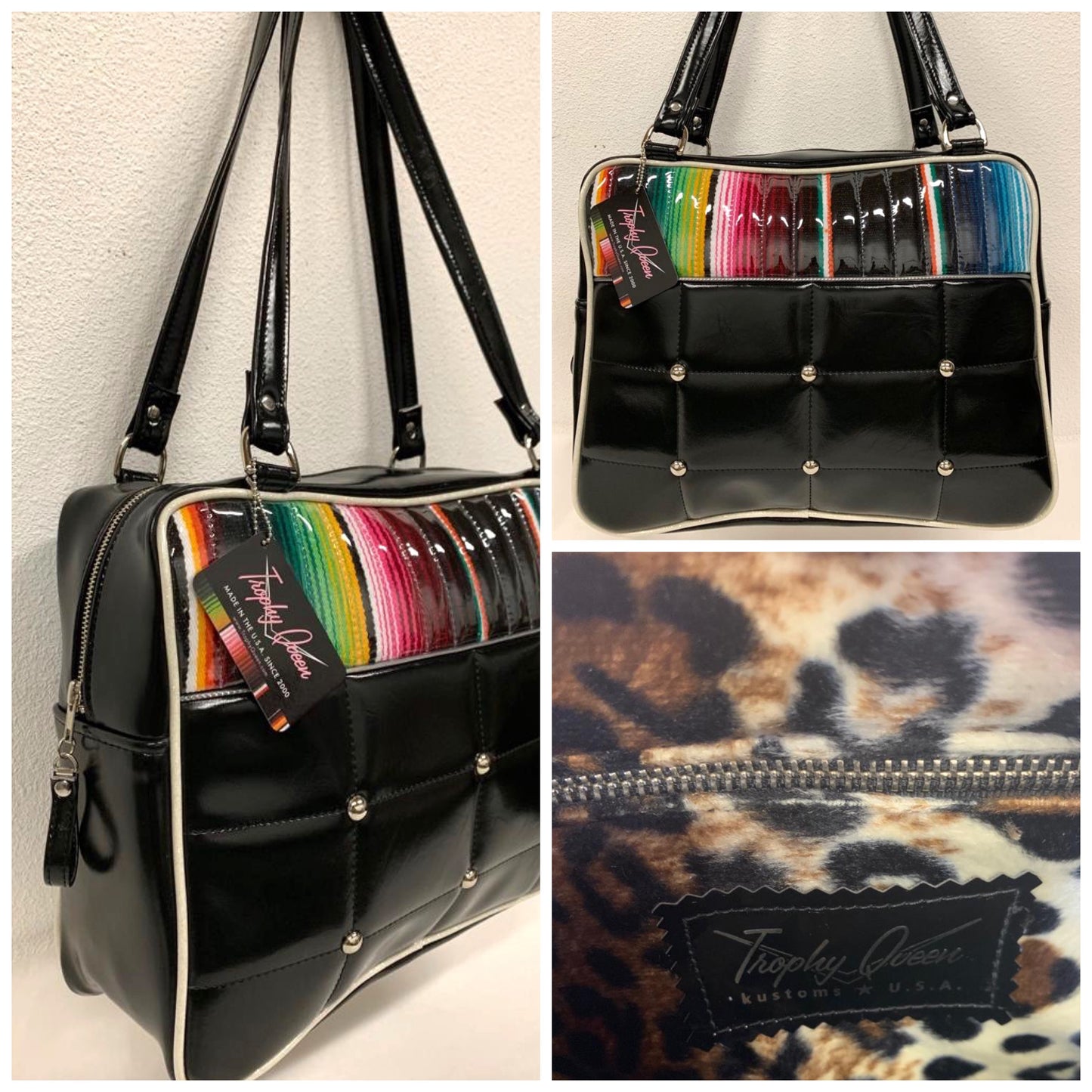 Lincoln Business Bag in Grease Black and Mexican Blanket with Clear Overlay and Plush Leopard Lining. The straps are 29” with nickel hardware and come with extra replacement straps! Inside has an open divided pocket and zipper pocket with hidden serial number. Tote comes with vinyl zipper pull, nickel fee and signature Trophy Queen label. Made with love in California.