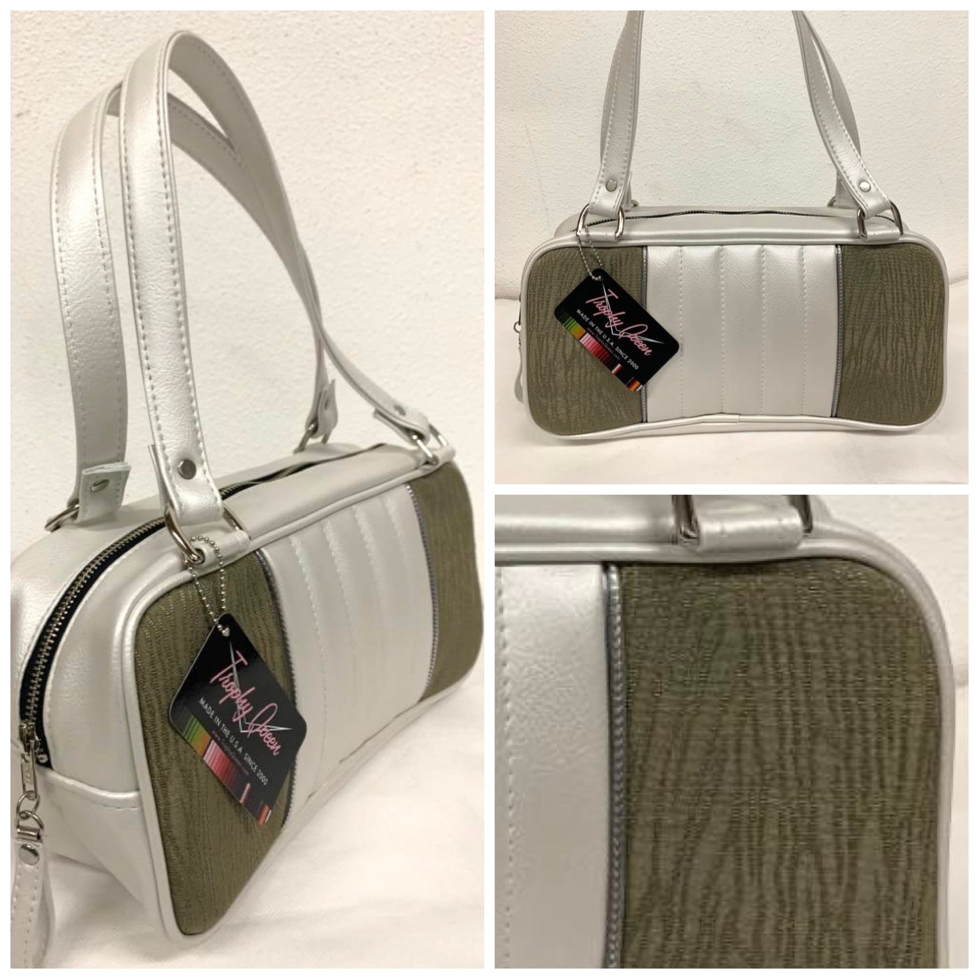 Limited Edition Roadster Shoulder Bag in vintage Tan ‘69 Buick Fabric and lined with Plush Leopard Fabric with 21” straps and nickel hardware. Made from NOS Vintage 1969 Buick LeSabre Upholstery Fabric and available while supplies last. Inside open divided pocket and zipper pocket with hidden serial number and signature Trophy Queen Label. Vinyl zipper pull and nickel feet and comes with an extra set of replacement straps.