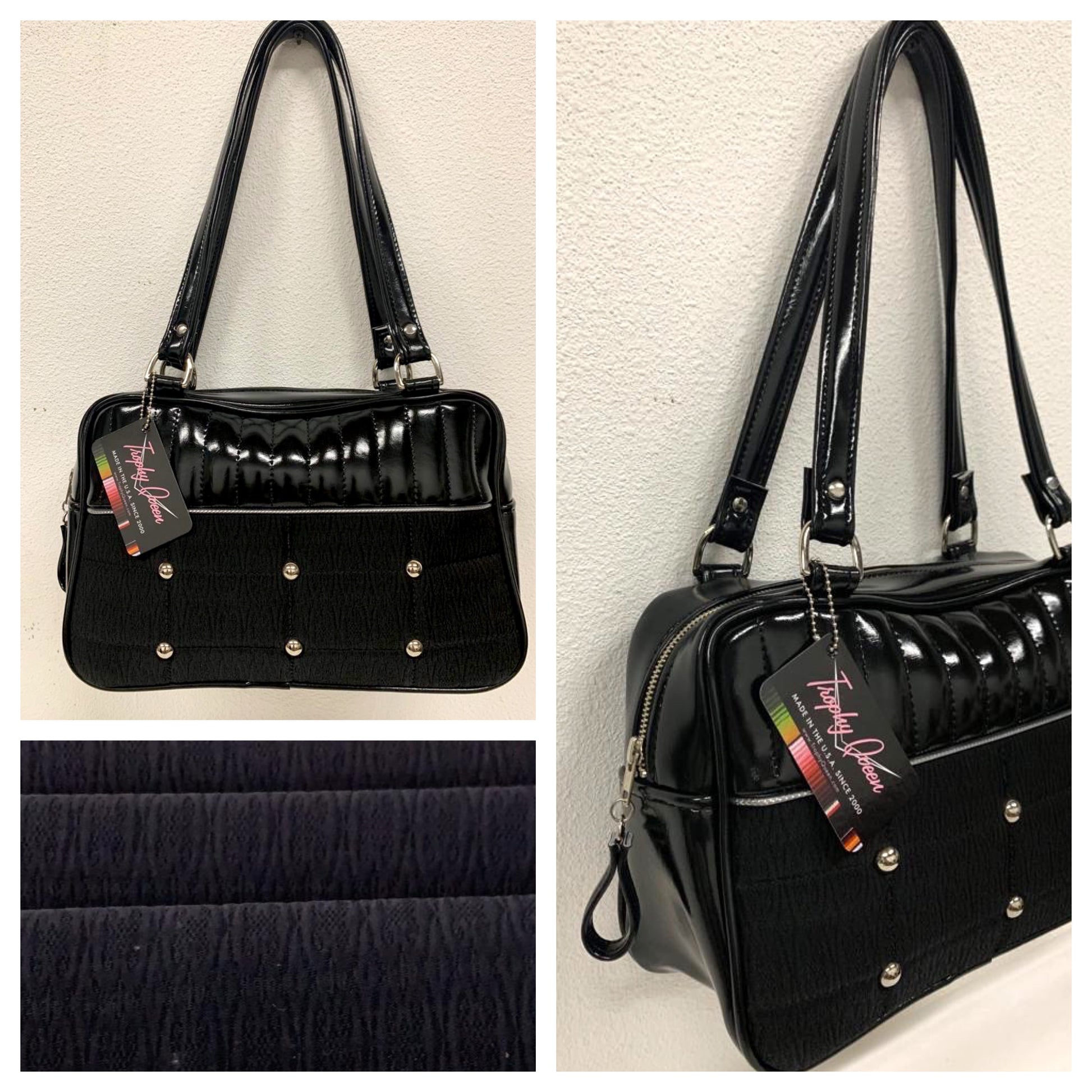 Limited Edition Lincoln Business Bag in Grease Black and Black ‘71 Pontiac Fabric with Plush Leopard Lining. The straps are 29” with nickel hardware and come with extra replacement straps! Made from NOS Vintage 1971 Pontiac Catalina Upholstery Fabric with open divided pocket and zipper pocket inside with hidden serial number. Tote comes with vinyl zipper pull, nickel fee and signature Trophy Queen label. Made with love in California.