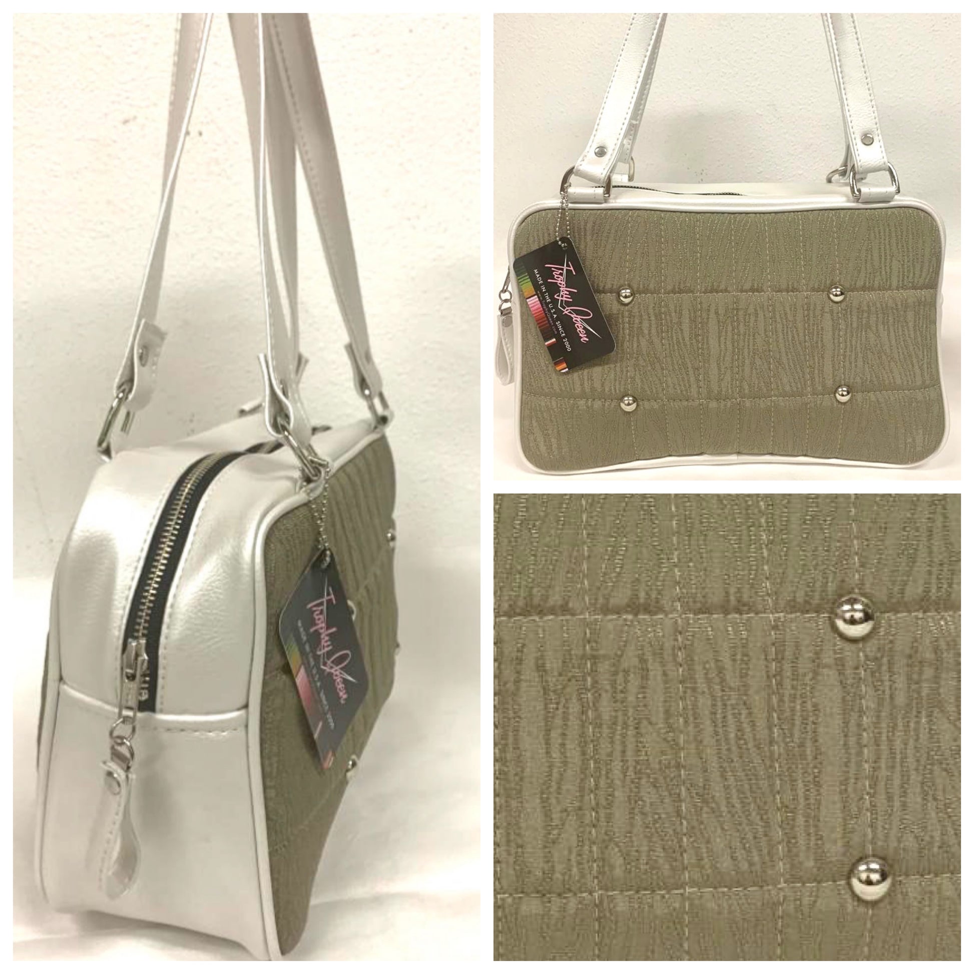 Galaxy Tote, slightly larger than the Galaxy Shoulder Bag in Limited Edition Tan ‘69 Buick Fabric with Pearl White Glitter Vinyl and Plush Leopard Lining. Made from NOS Vintage 1969 Buick LeSabre Upholstery fabric with nickel hardware and nickel feet, vinyl zipper pull, and 25” (61cm) straps. Inside you’ll find an open divided pocket, a zipper pocket with serial number inside and signature Trophy Queen Label. Ships from California with an extra set of replacement straps.