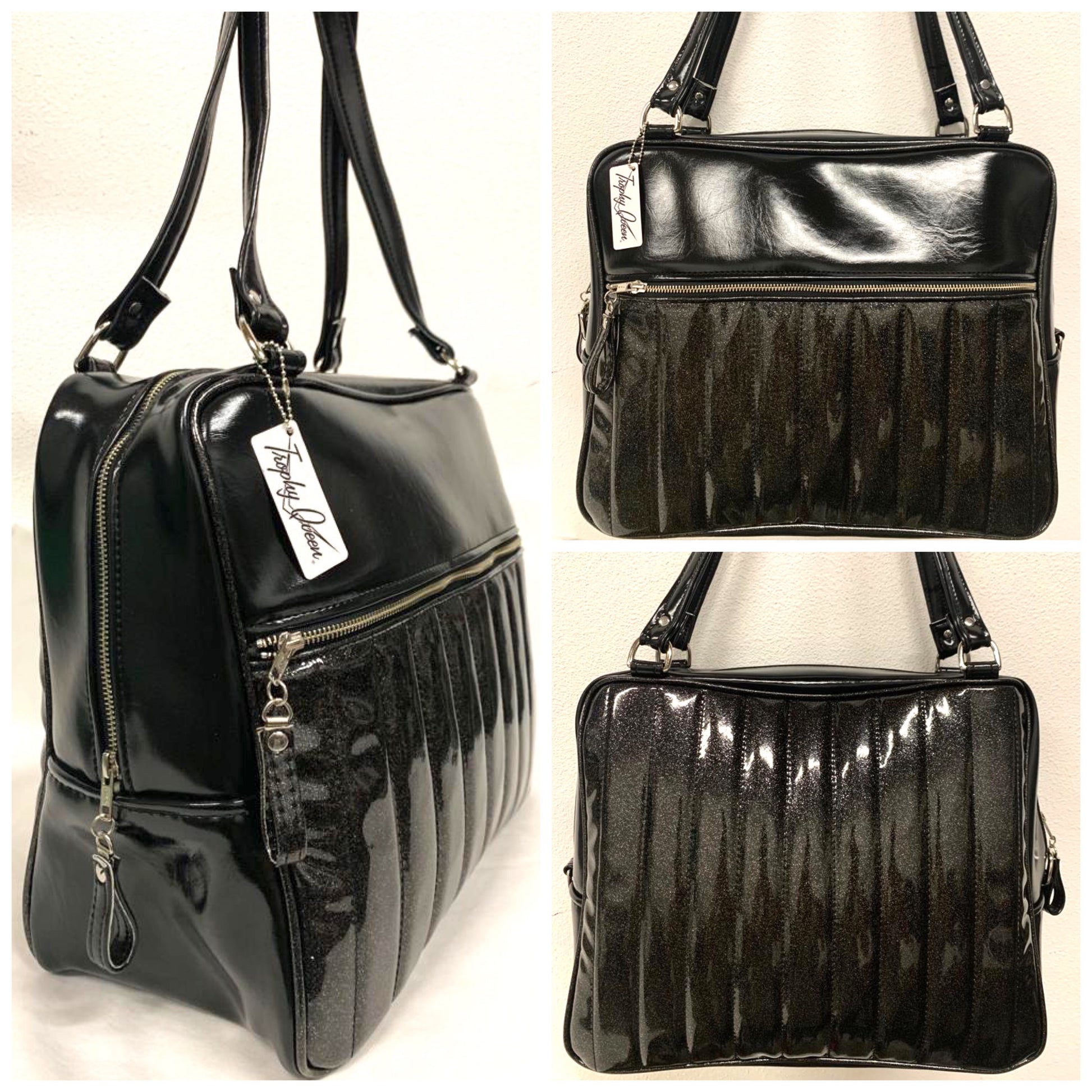 Fairlane Overnight Bag with Coal Black Glitter Vinyl and Grease Black lined with plush Leopard fabric. Handcrafted in California the Fairlane Overnight Bag measures 16”x12”x7” (at the bottom and 5” at the top) with 29” straps and nickel hardware. Detachable Cross Body Strap and extra set of replacement straps included. Inside is two sets of open divided pockets and one zipper pocket with serial number signature Trophy Queen label. Outside your tote is protected with nickel feet and vinyl zipper pull.
