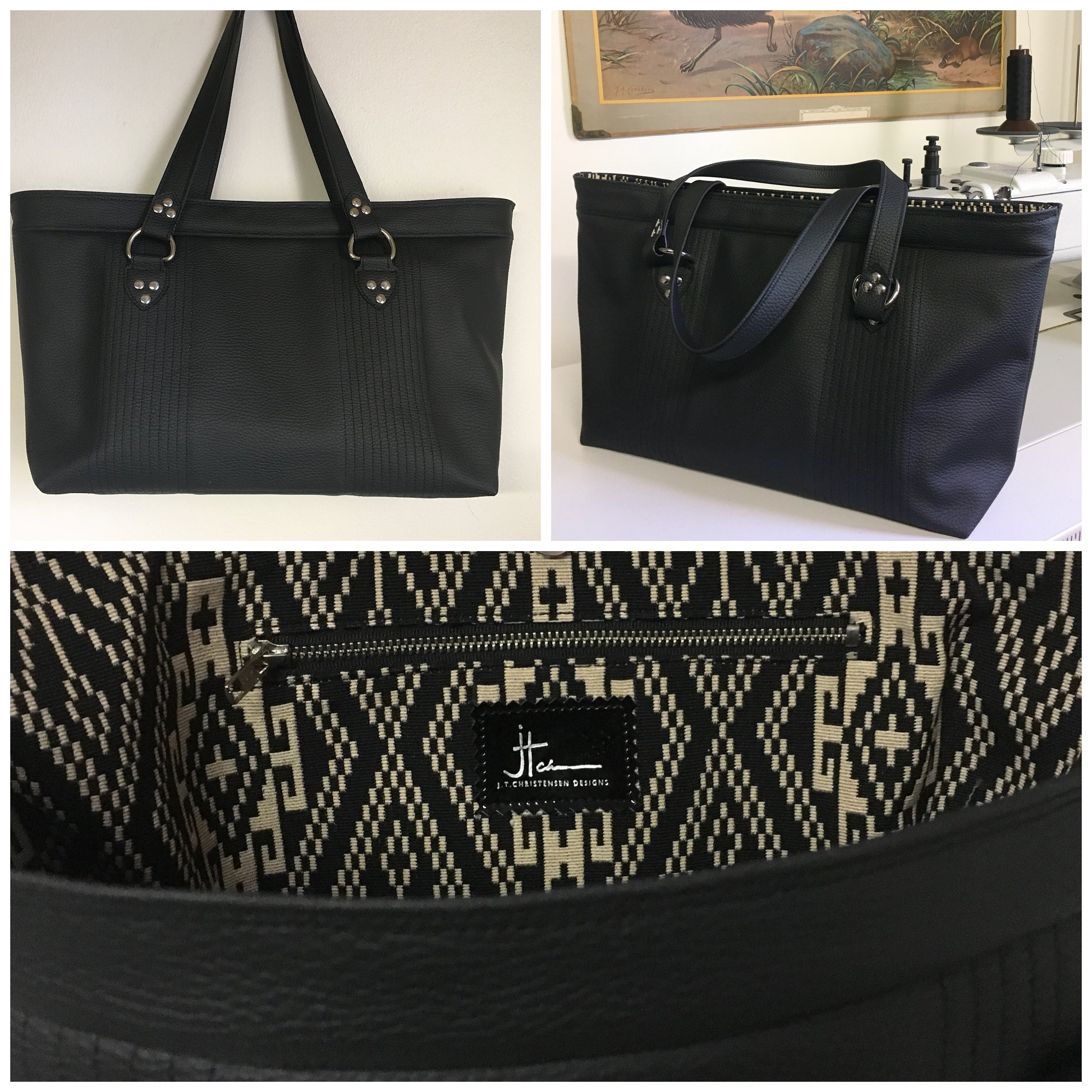 Open Tote with Mercury Style Pleating in Limited Edition Pebble Black Vinyl Lined with Aztec Print Lining. Measuring 15” across bottom (19” across top) x 10” x 5” (38 cm At Bottom / 48.25 cm At Top x 25.5 cm Tall x 12.5 cm Wide) and 24” (61cm) Straps. An open divided pocket and zipper pocket with hidden serial number and signature J.T. Christensen Label.