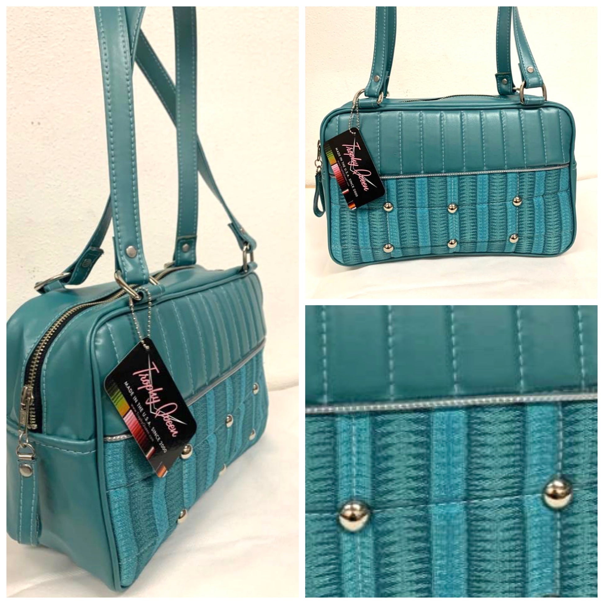Lincoln Tote in Limited Edition Vintage Turquoise ‘65 Chevy Fabric and Vintage Turquoise Vinyl with Plush Leopard Lining. Made from NOS Vintage 1965 Chevy Upholstery Fabric with matching vinyl zipper pull, nickel feet, inside zipper pocket with serial number and open divided pocket with signature Trophy Queen label. The straps are approximately 25” and come with an extra set of replacement straps. Locally made and ships from California
