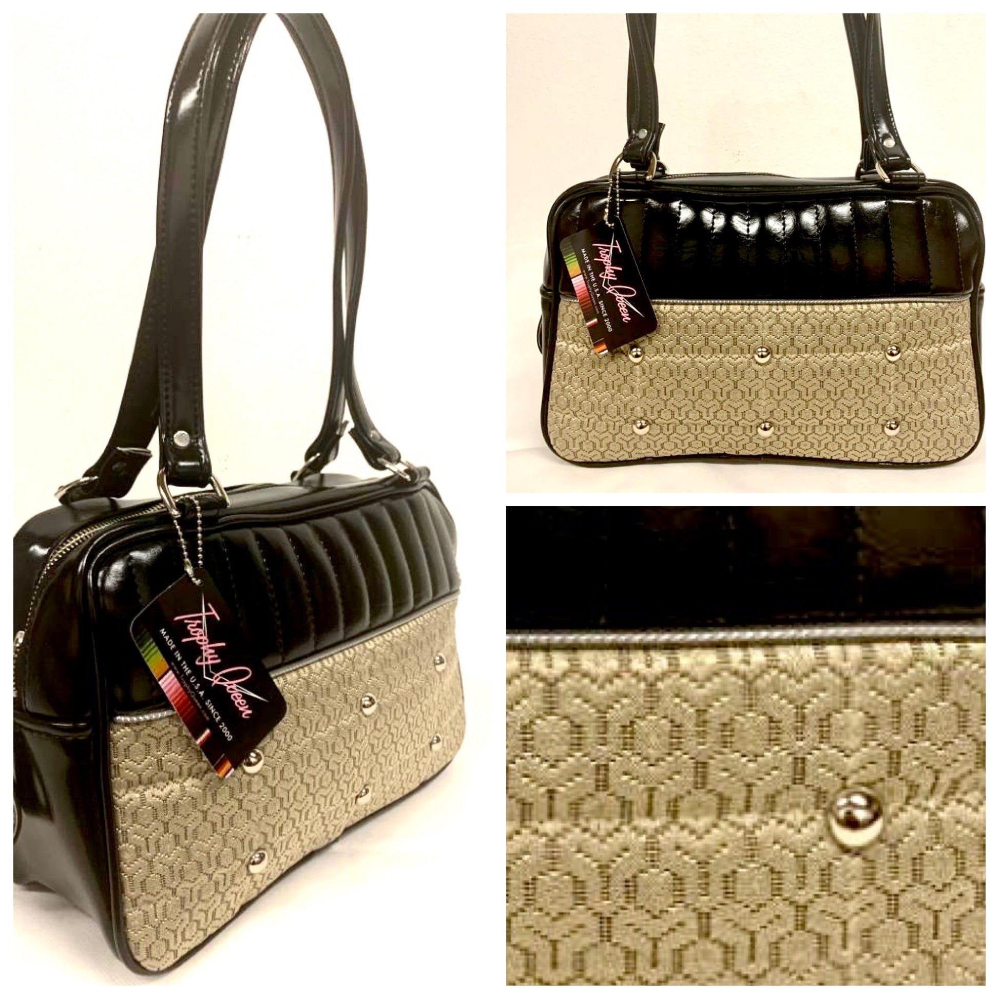 Lincoln Tote in Limited Edition Vintage Gold ‘65 Chevy Fabric and Grease Black Vinyl with Plush Leopard Lining. Made from NOS Vintage 1965 Chevy Upholstery Fabric with matching vinyl zipper pull, nickel feet, inside zipper pocket with serial number and open divided pocket with signature Trophy Queen label. The straps are approximately 25” and come with an extra set of replacement straps. Locally made and ships from California