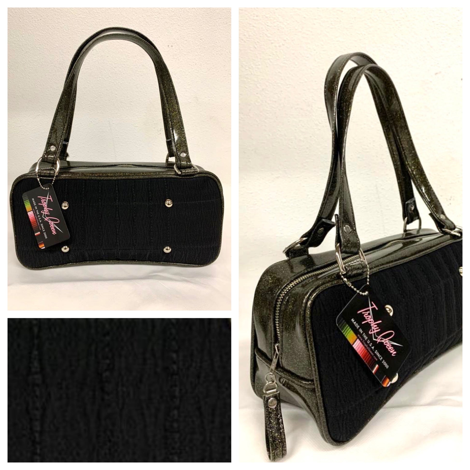 Limited Edition Galaxy Shoulder Bag with Black '71 Pontiac Fabric and Black Gold Glitter Vinyl with Plush Leopard Lining. Made from NOS vintage 1971 Pontiac Catalina Upholstery fabric and nickel hardware. Inside you’ll find an open divided pocket, a zipper pocket with serial number inside and signature Trophy Queen Label. Outside 25” straps (approx 63cm), vinyl zipper pull and protective nickel feet. Made and ships from California with an extra set of replacement straps.