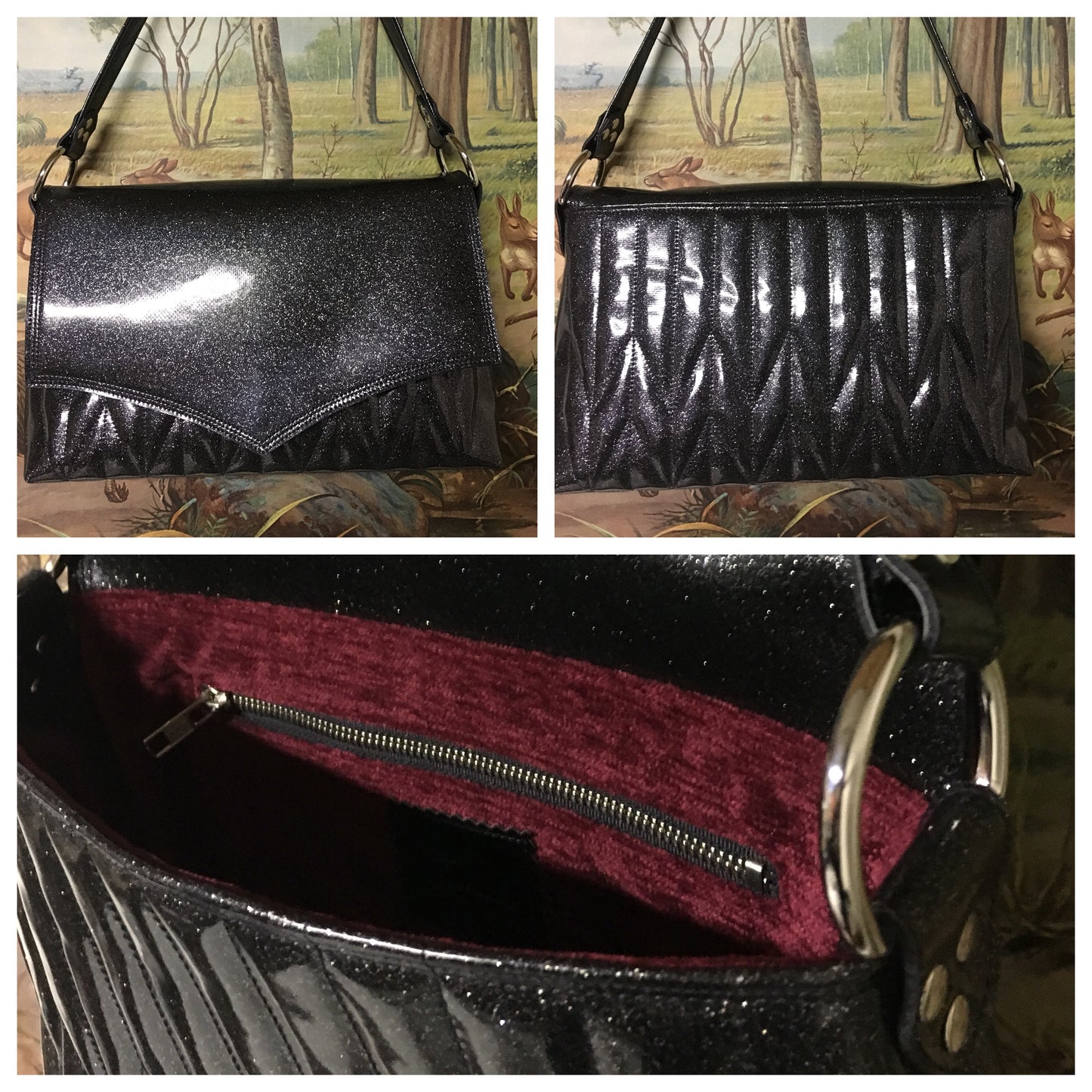 Saddle Bag with Firebird Pleating - Coal Black Glitter Vinyl with Spiced Wine Lining