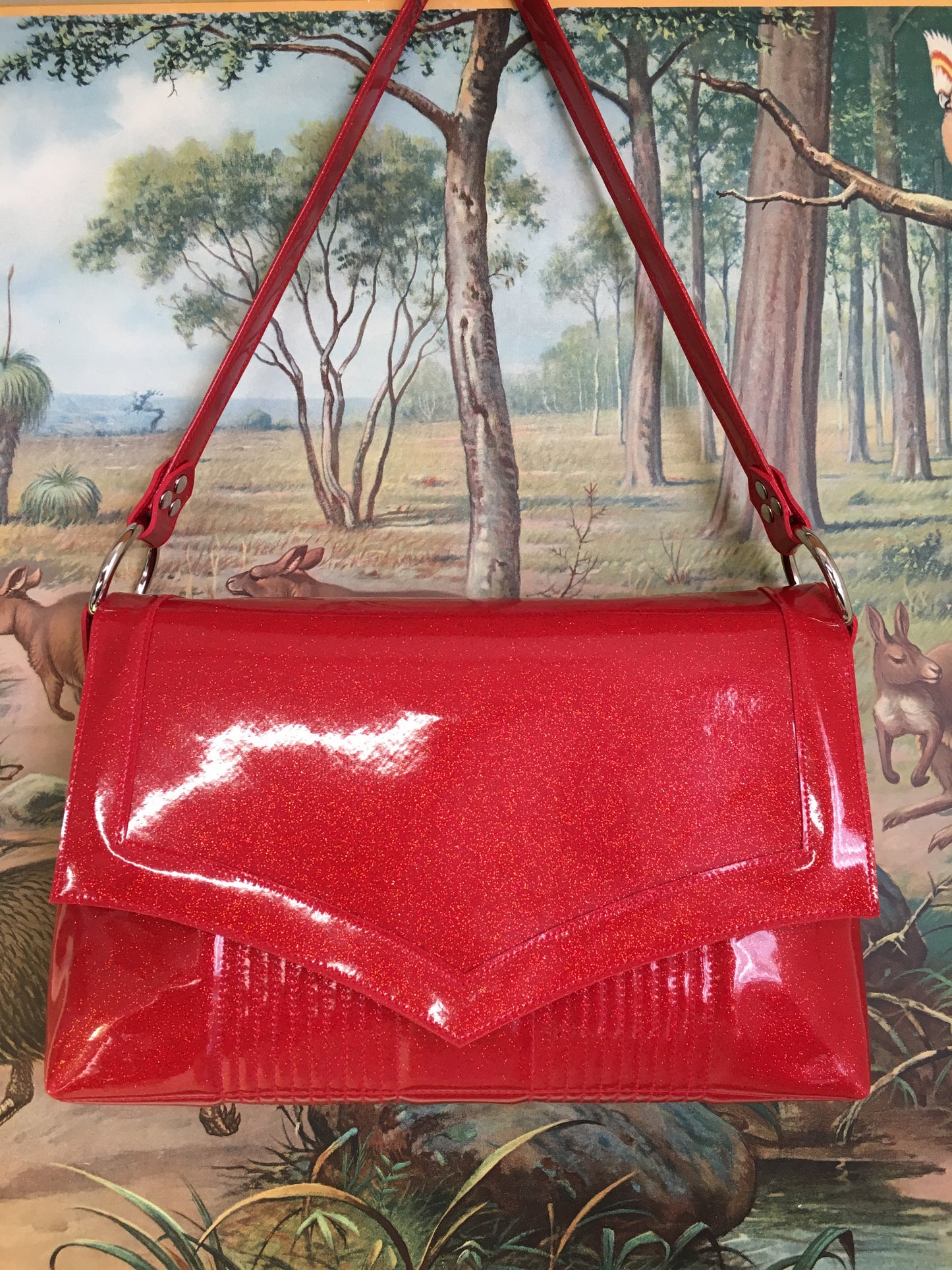 Saddle Bag with Mercury Pleating - Fire Ball Red / Aztec Print Lining