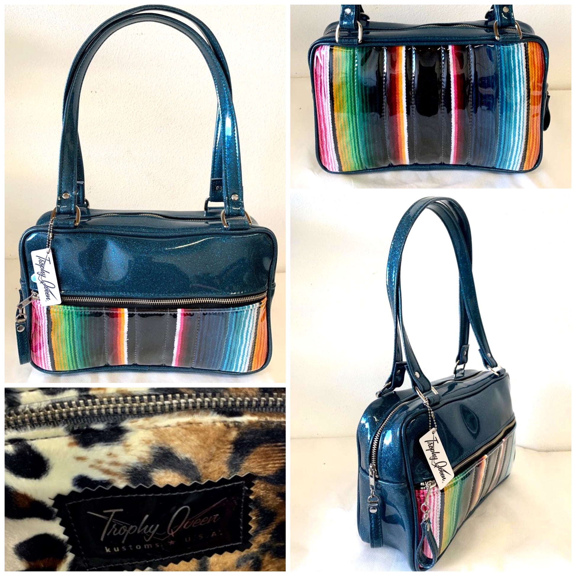 Fairlane Tote Bag in Genuine Mexican Blanket with Clear Overlay and Teal Glitter Vinyl with plush Leopard Lining. This purse has matching vinyl zipper pull, nickel feet, inside zipper pocket with serial number and open divided pocket with signature Trophy Queen label. The straps are approximately 25” and come with an extra set of replacement straps. Locally made and ships from California.