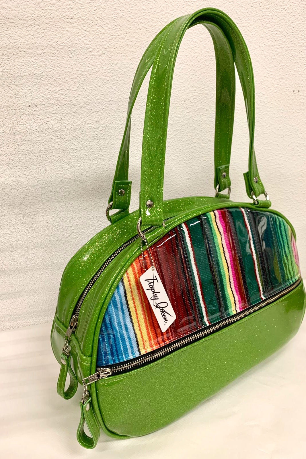 Lucky Strike Bowling Style Bag - Mexican Blanket / Lime Green Glitter Vinyl - Leopard Lining