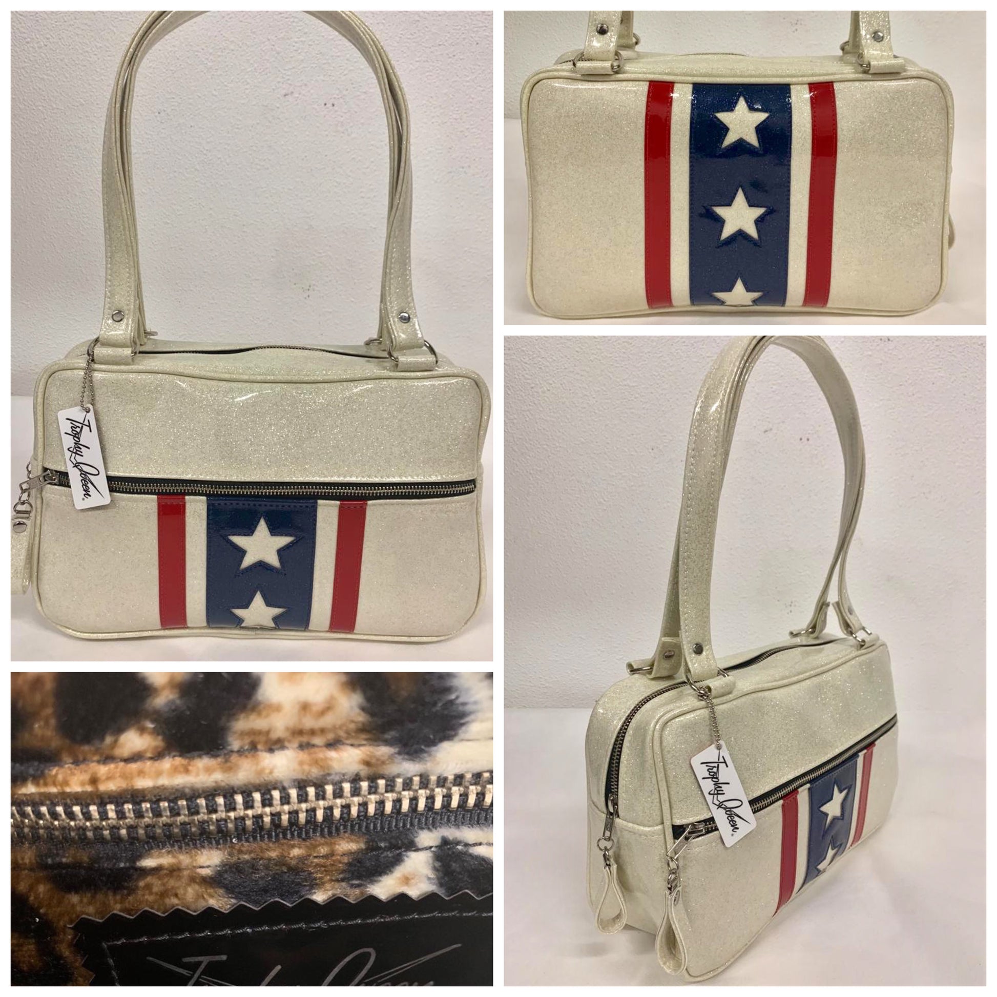 Evel Knievel Tote Bag lined with plush leopard is handcrafted in California with nickel hardware and 25” straps plus it comes with replacement straps. Inside open divided pocket and inside zipper pocket with serial number hidden inside. Nickel feet, vinyl zipper pull, and signature Trophy Queen Label included. The perfect size bag for any trip!