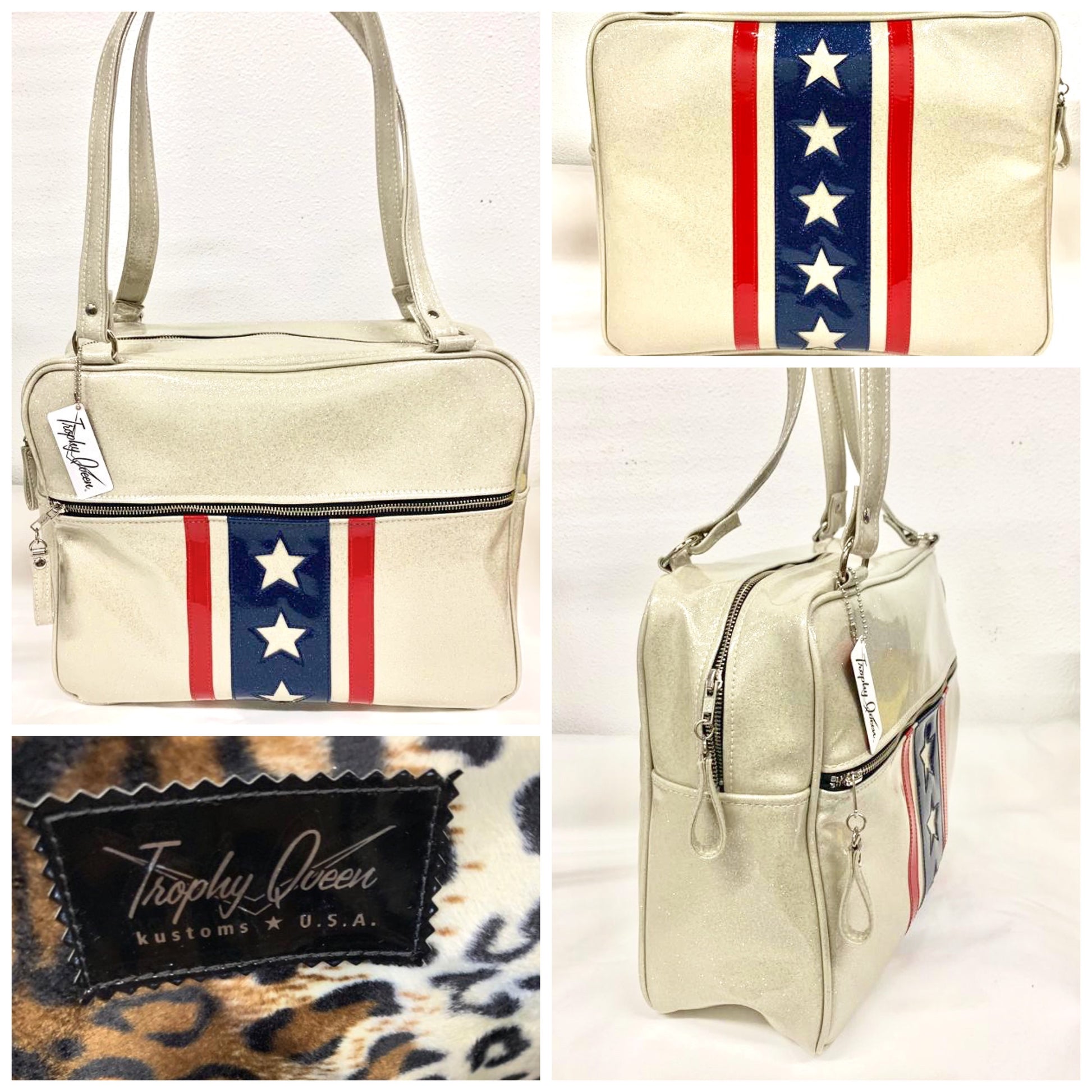 Evel Knievel GTO Business Bag with plush leopard lining, 29” straps with nickel hardware and comes with extra replacement straps! Inside has an open divided pocket and zipper pocket with hidden serial number. Tote comes with vinyl zipper pull, nickel fee and signature Trophy Queen label. Made with love in California.