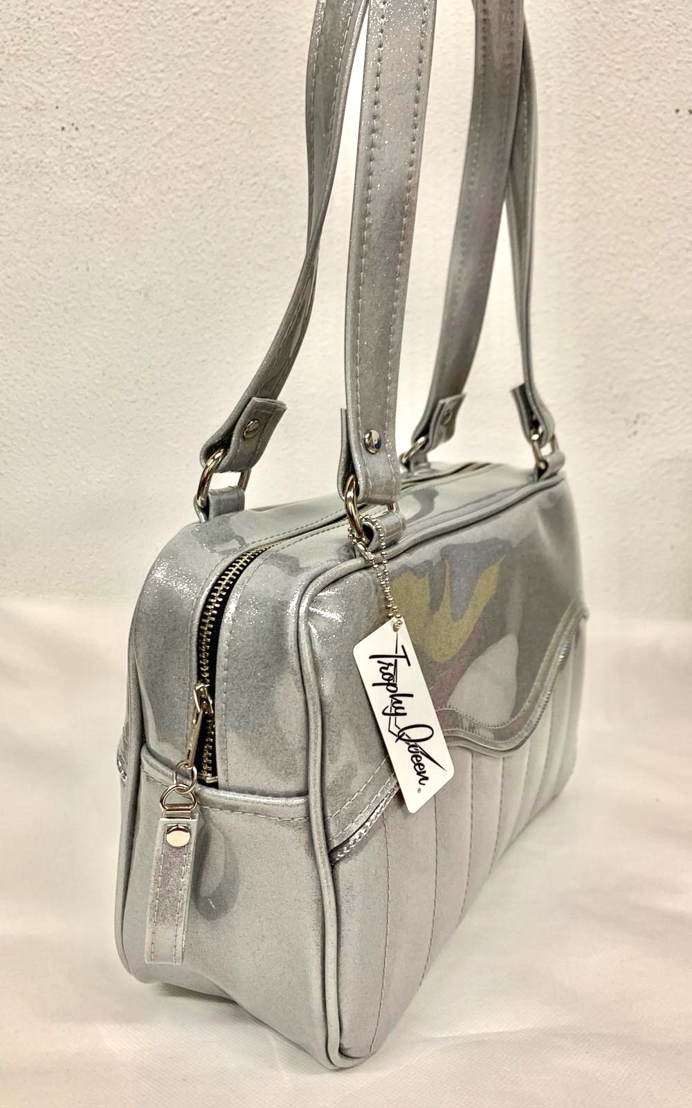 Tuck and Roll Tote Bag - Chrome Glitter Vinyl with / Leopard Lining