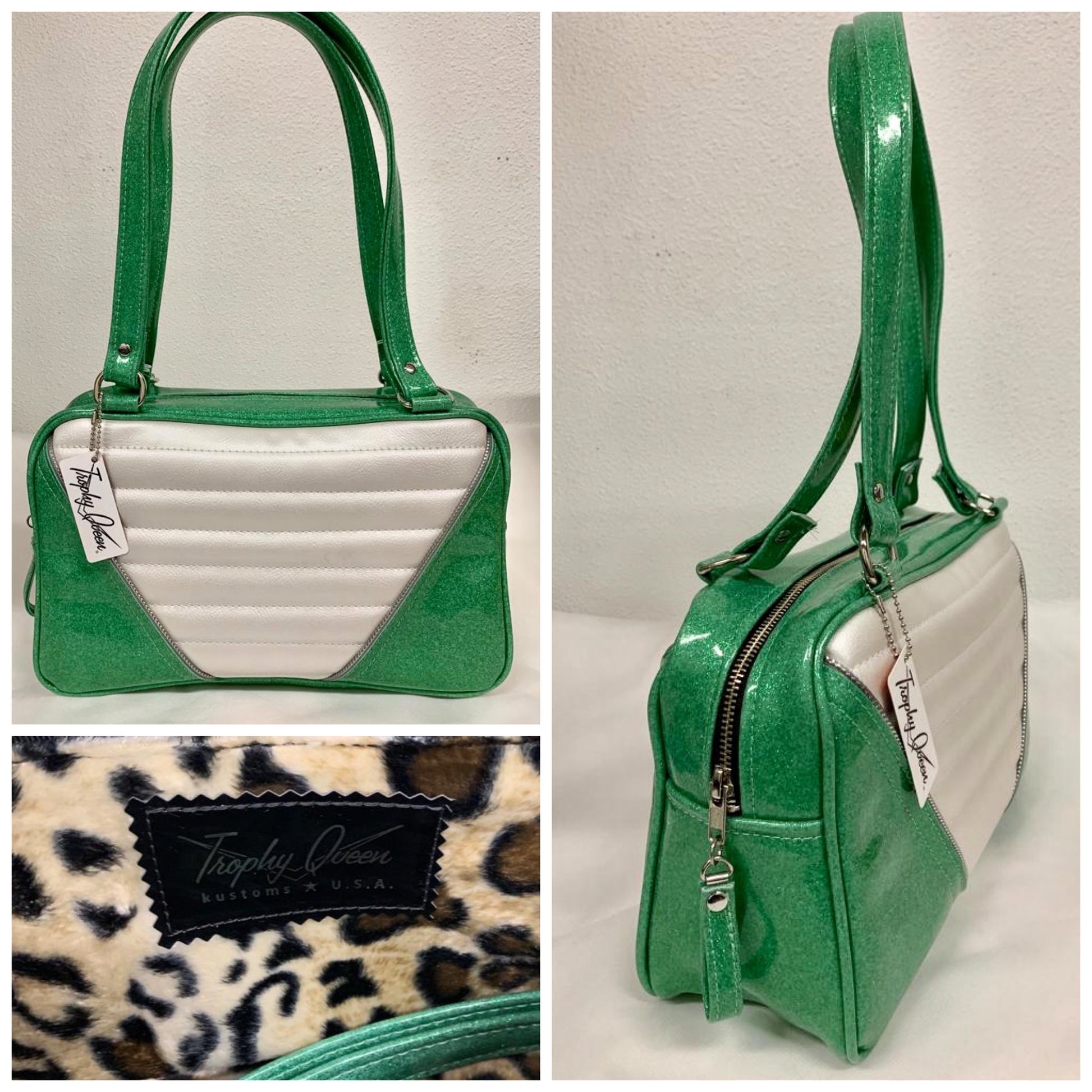 Comet Tote Bag - Pearl White / Sea Foam Green Glitter Vinyl - Leopard Lining