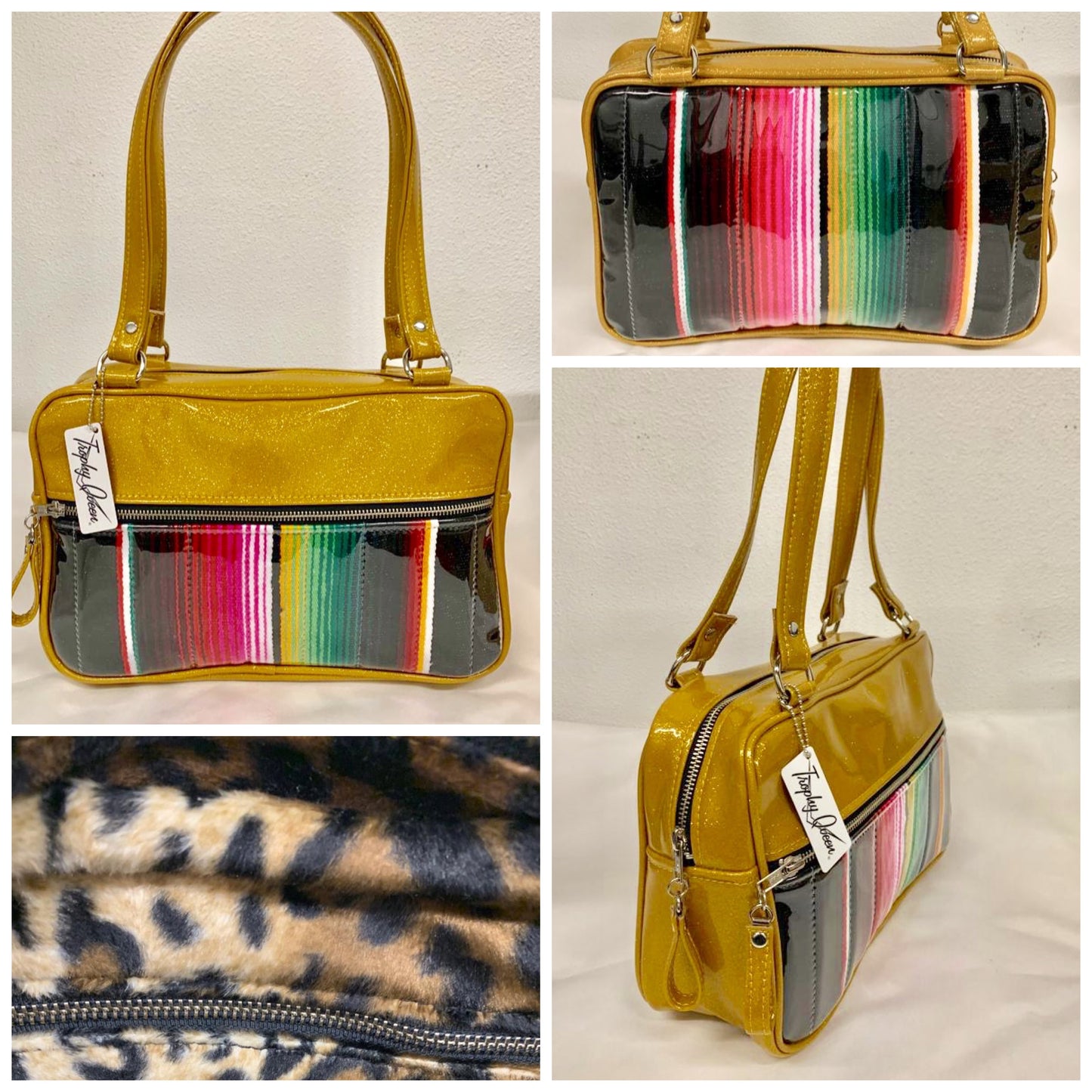 Fairlane Tote Bag in Genuine Mexican Blanket with Clear Overlay and Marigold Glitter Vinyl with plush Leopard Lining. This purse has matching vinyl zipper pull, nickel feet, inside zipper pocket with serial number and open divided pocket with signature Trophy Queen label. The straps are approximately 25” and come with an extra set of replacement straps. Locally made and ships from California.