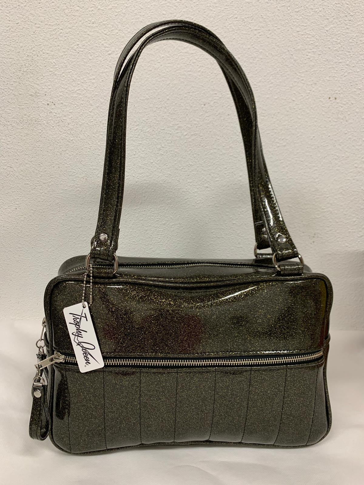 Tuck and Roll Tote Bag - Black Gold Glitter Vinyl with / Leopard Lining