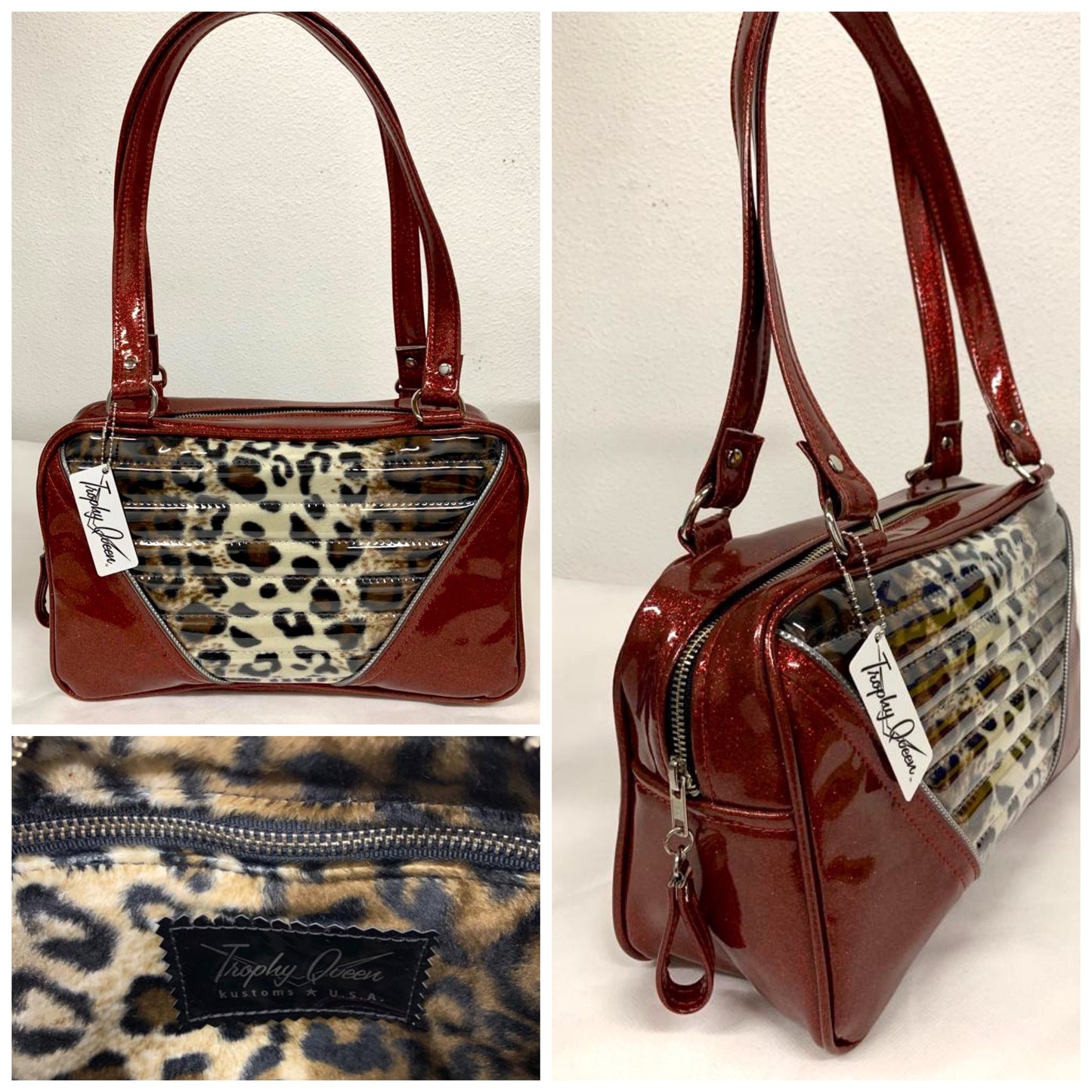 Comet Tote in red glitter vinyl with plush leopard lining handcrafted in California with nickel hardware, an extra set of straps, vinyl zipper pull, inside open divided pocket, zipper pocket with serial number inside and signature Trophy Queen label.