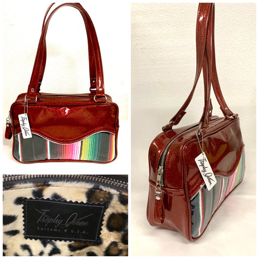Tuck and Roll Tote Bag - Mexican Blanket / Red Glitter Vinyl - Leopard Lining