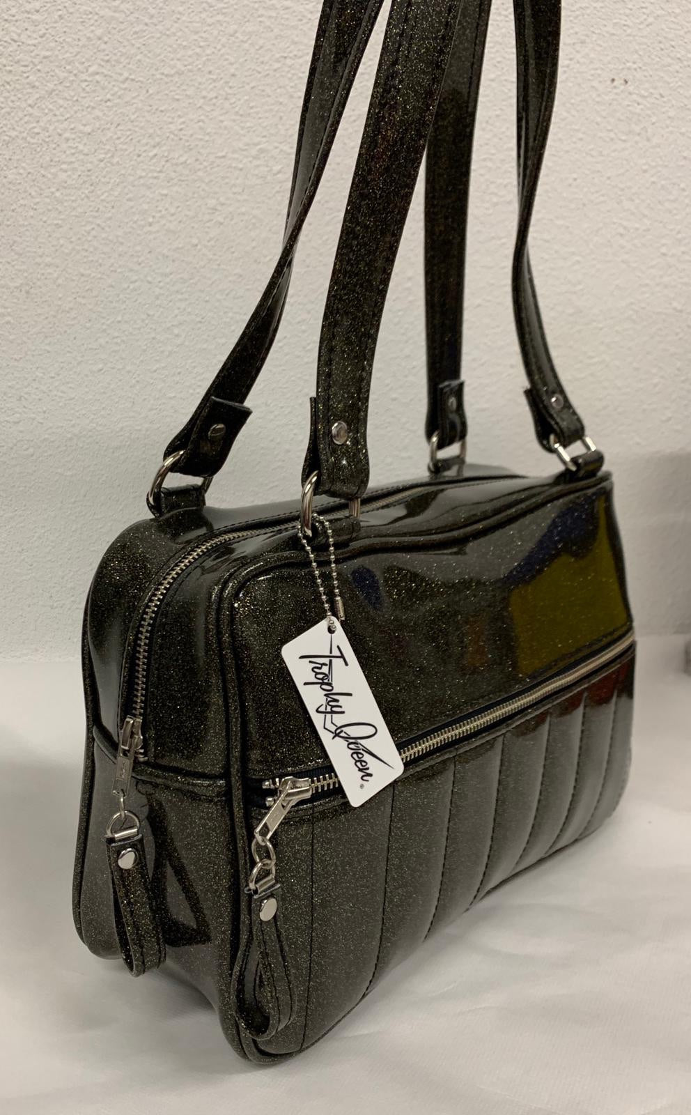 Tuck and Roll Tote Bag - Black Gold Glitter Vinyl with / Leopard Lining