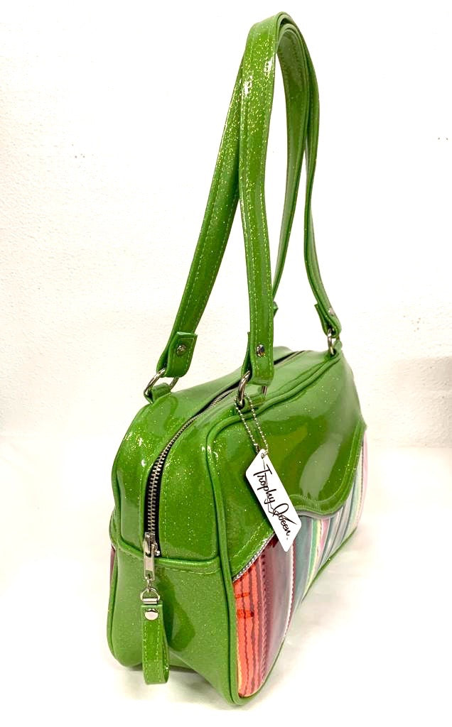 Tuck and Roll Tote Bag - Mexican Blanket / Lime Glitter Vinyl - Leopard Lining