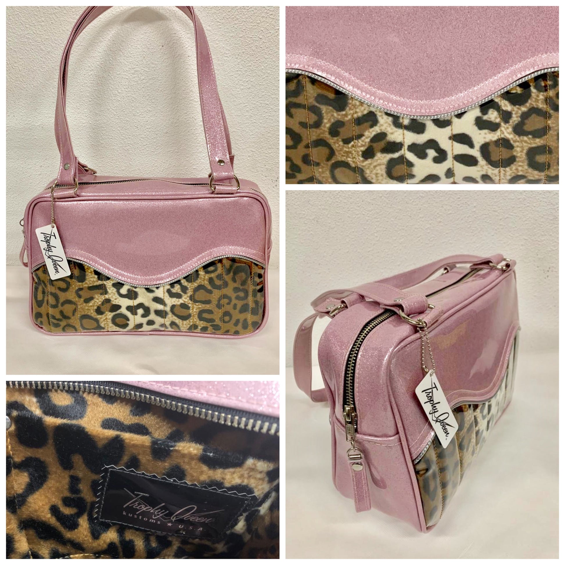 Diamond Pleat Tuck and Roll Tote Bag - Leopard Print/ Blush Pink Glitter