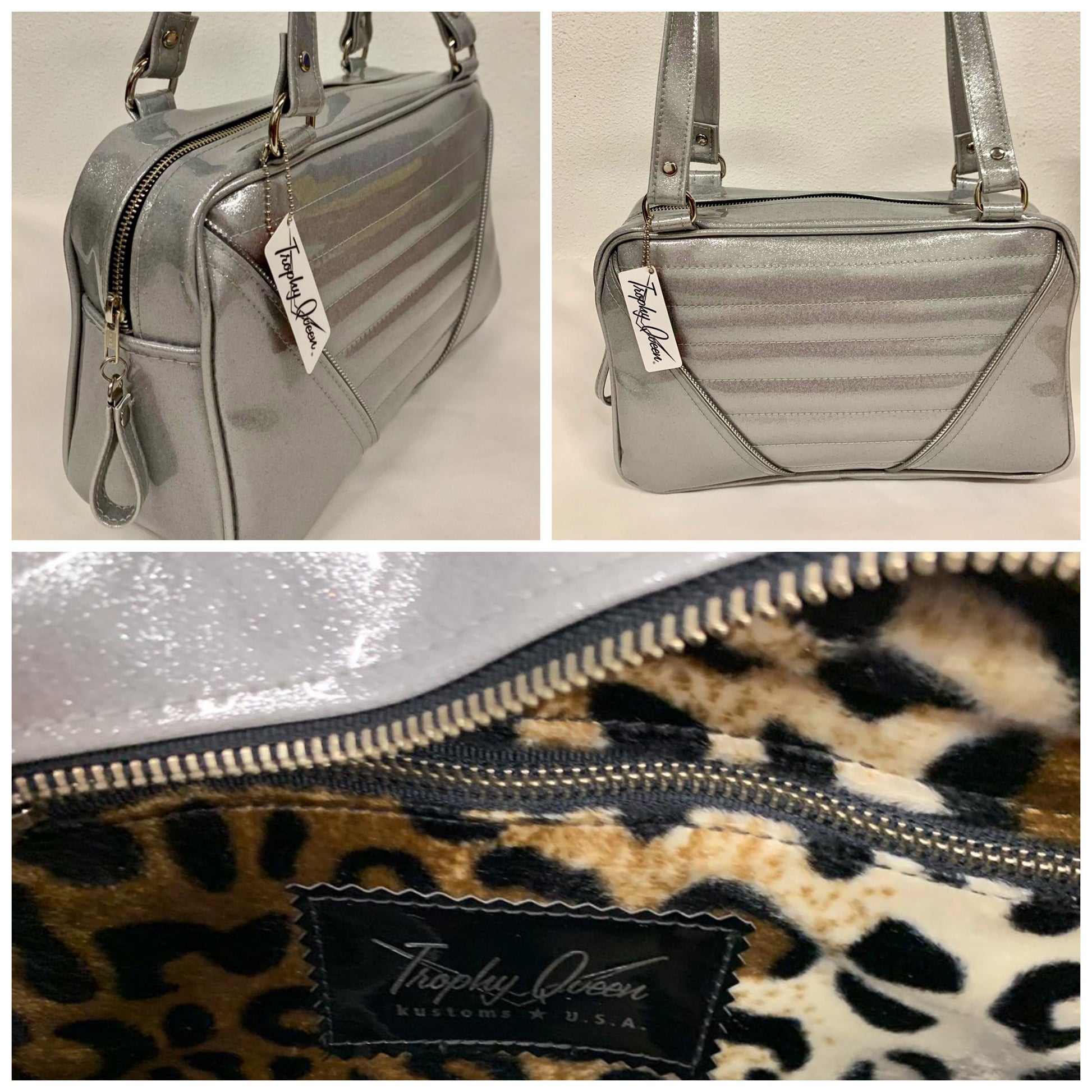 Comet Tote in chrome glitter vinyl with plush leopard lining handcrafted in California with nickel hardware, an extra set of straps, vinyl zipper pull, inside open divided pocket, zipper pocket with serial number inside and signature Trophy Queen label.