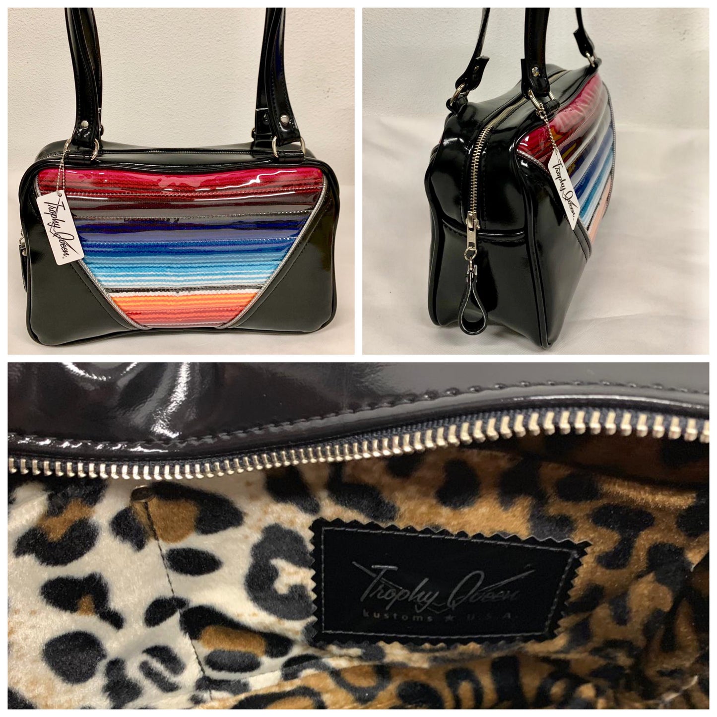 Comet Tote in Mexican blanket with clear overlay and grease black vinyl with plush leopard lining handcrafted in California with nickel hardware, an extra set of straps, vinyl zipper pull, inside open divided pocket, zipper pocket with serial number inside and signature Trophy Queen label.