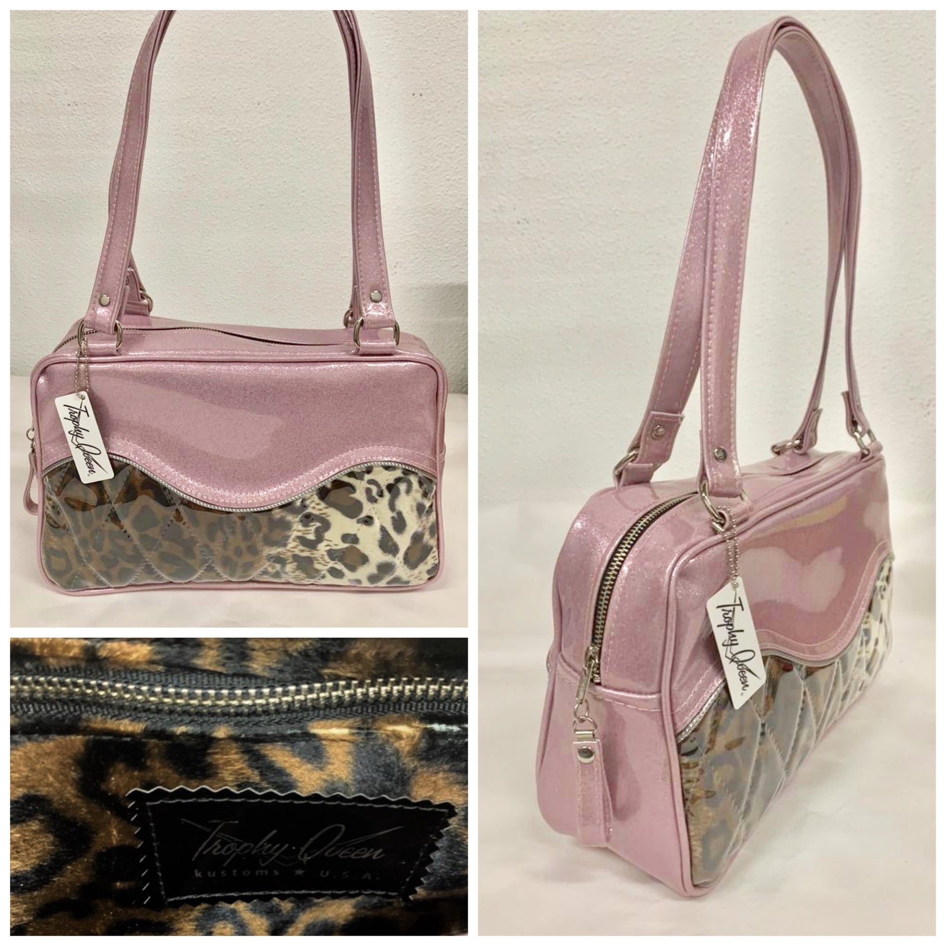 The Diamond Pleat Tuck and Roll Tote in Blush Pink Glitter Vinyl and Leopard with clear overlay lined with matching plush leopard is handcrafted in California with nickel hardware and 25” straps plus it comes with replacement straps. Inside open divided pocket and inside zipper pocket with serial number hidden inside. Nickel feet, vinyl zipper pull, and signature Trophy Queen Label included. The perfect size bag for any trip!