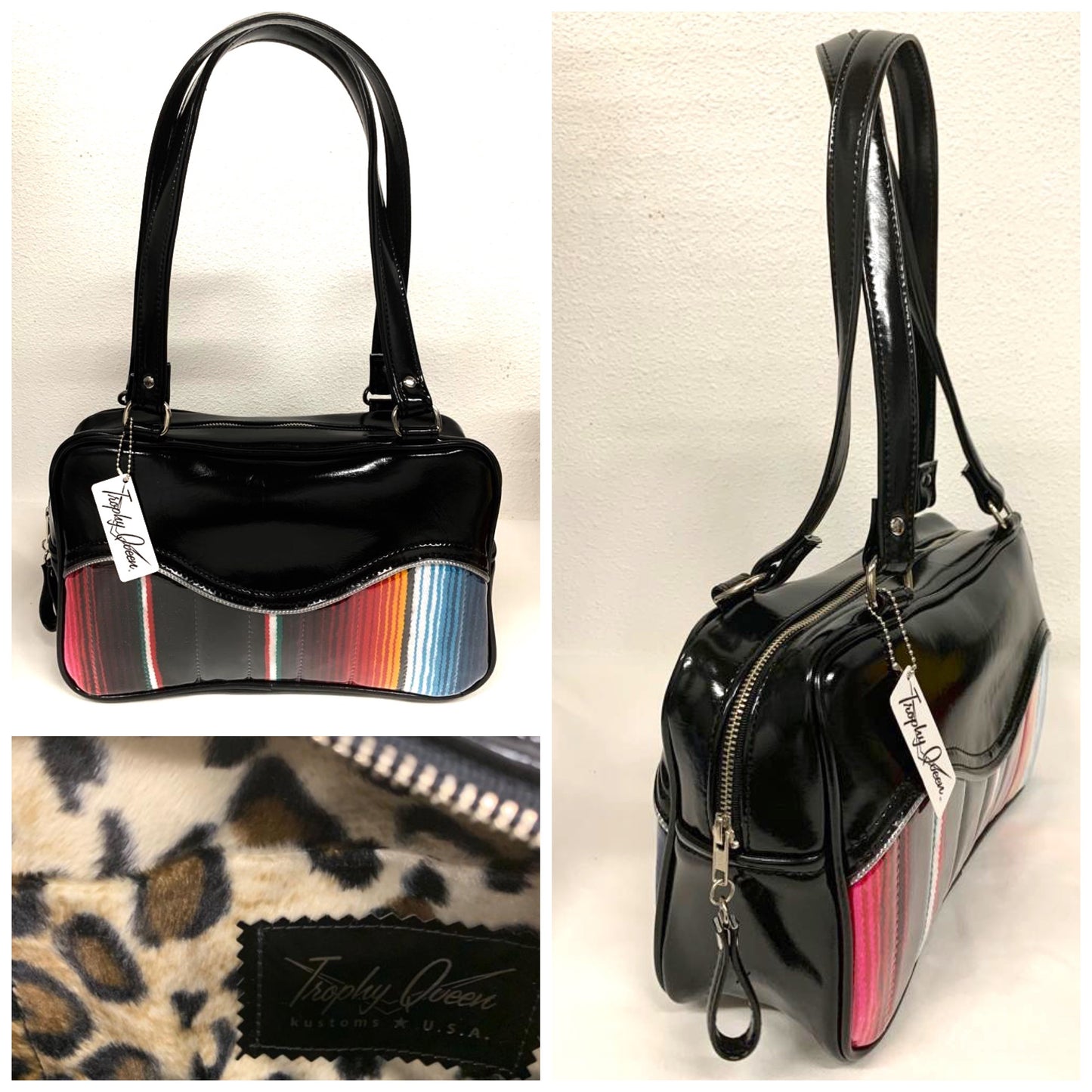 Tuck and Roll Tote Bag - Mexican Blanket / Grease Black Vinyl - Leopard Lining