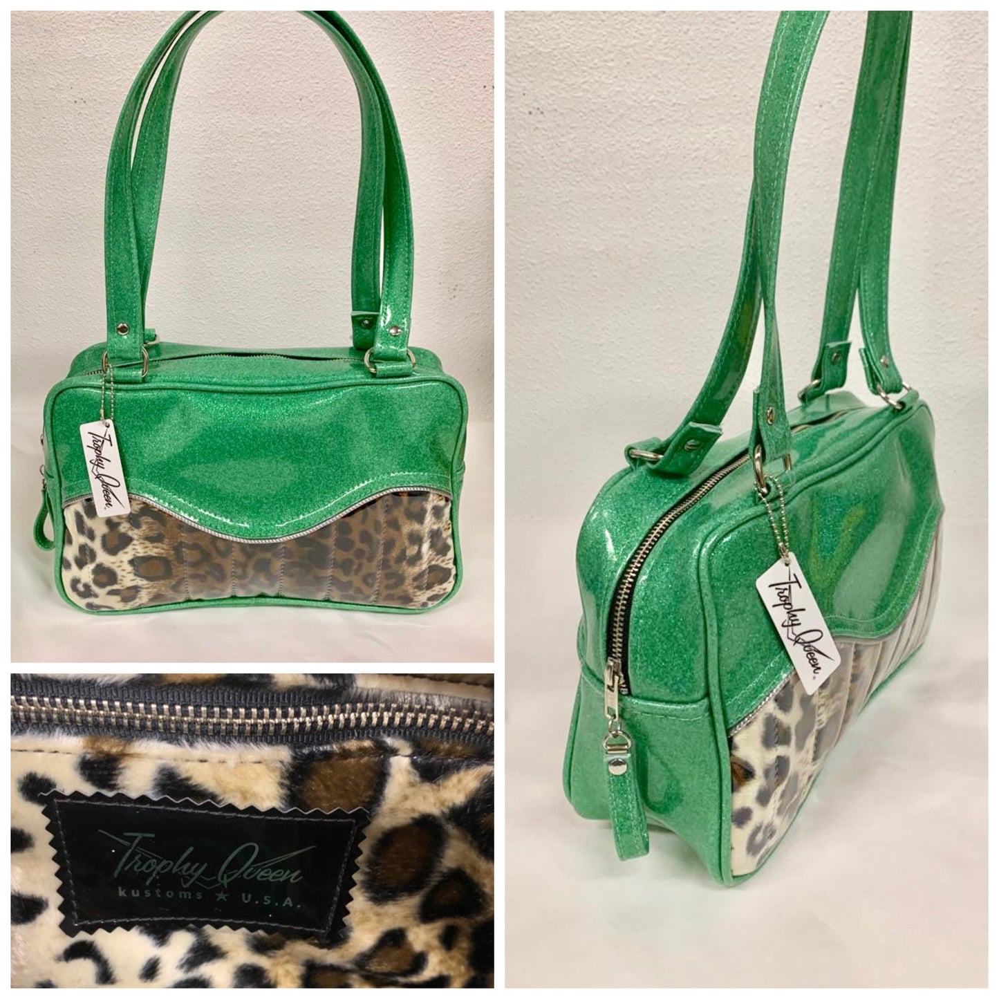Tuck and Roll Tote Bag - Leopard with Clear Overlay / Sea Foam Green Glitter Vinyl - Leopard Lining