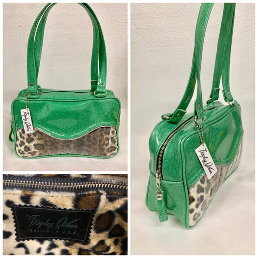 Tuck and Roll Tote Bag - Leopard / Sea Foam Green Glitter Vinyl - Leopard Lining