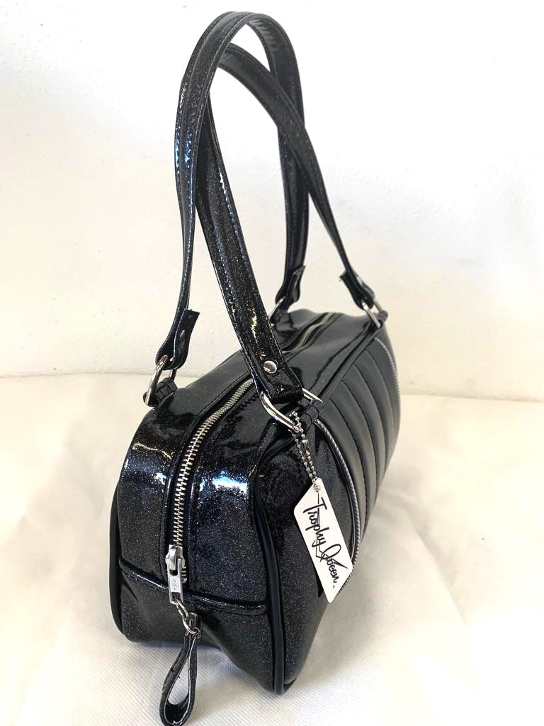 Roadster Shoulder Bag - Coal Black Glitter Vinyl / Grease Black Vinyl - Leopard Lining