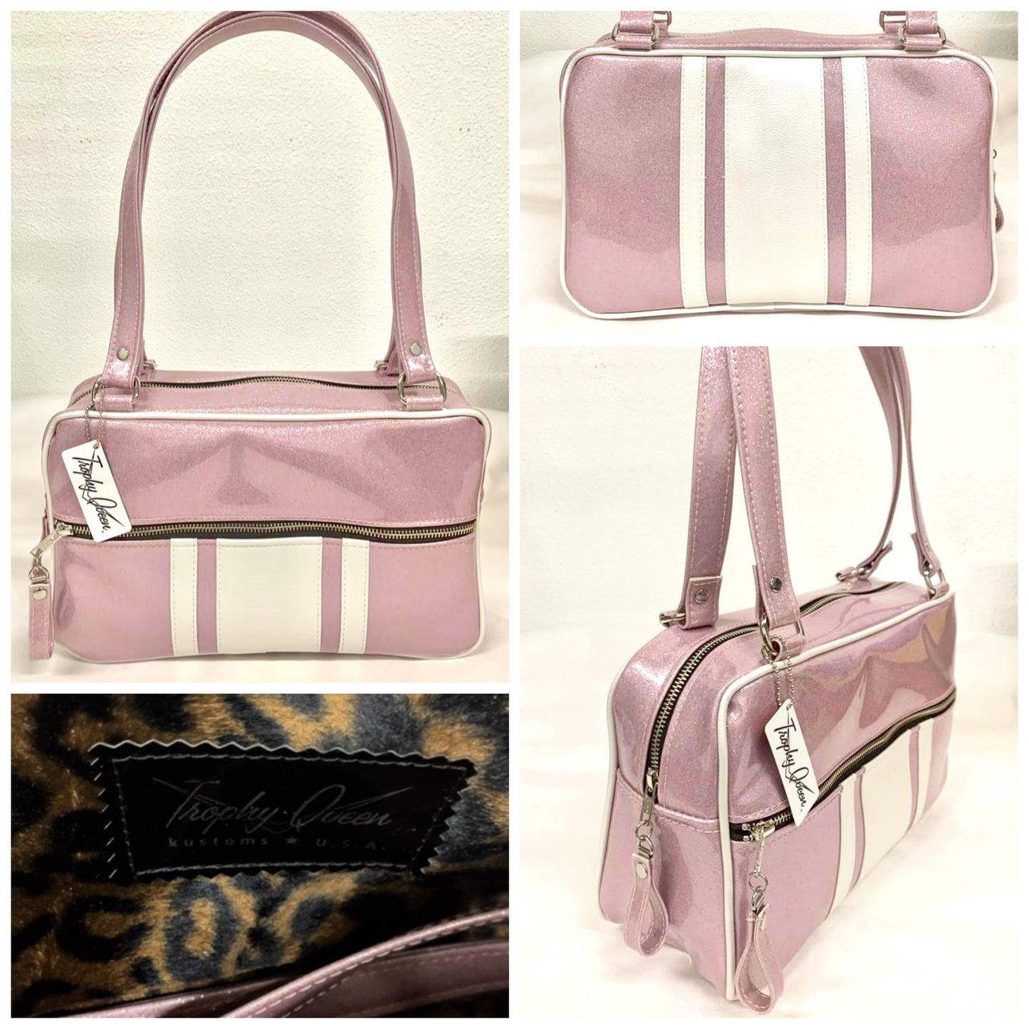GTO Tote Bag in Blush Pink Glitter and Pearl White Vinyl with Plush Leopard Lining has matching vinyl zipper pull, nickel feet, inside zipper pocket with serial number and open divided pocket with signature Trophy Queen label. The straps are approximately 25” and come with an extra set of replacement straps. Locally made and ships from California.