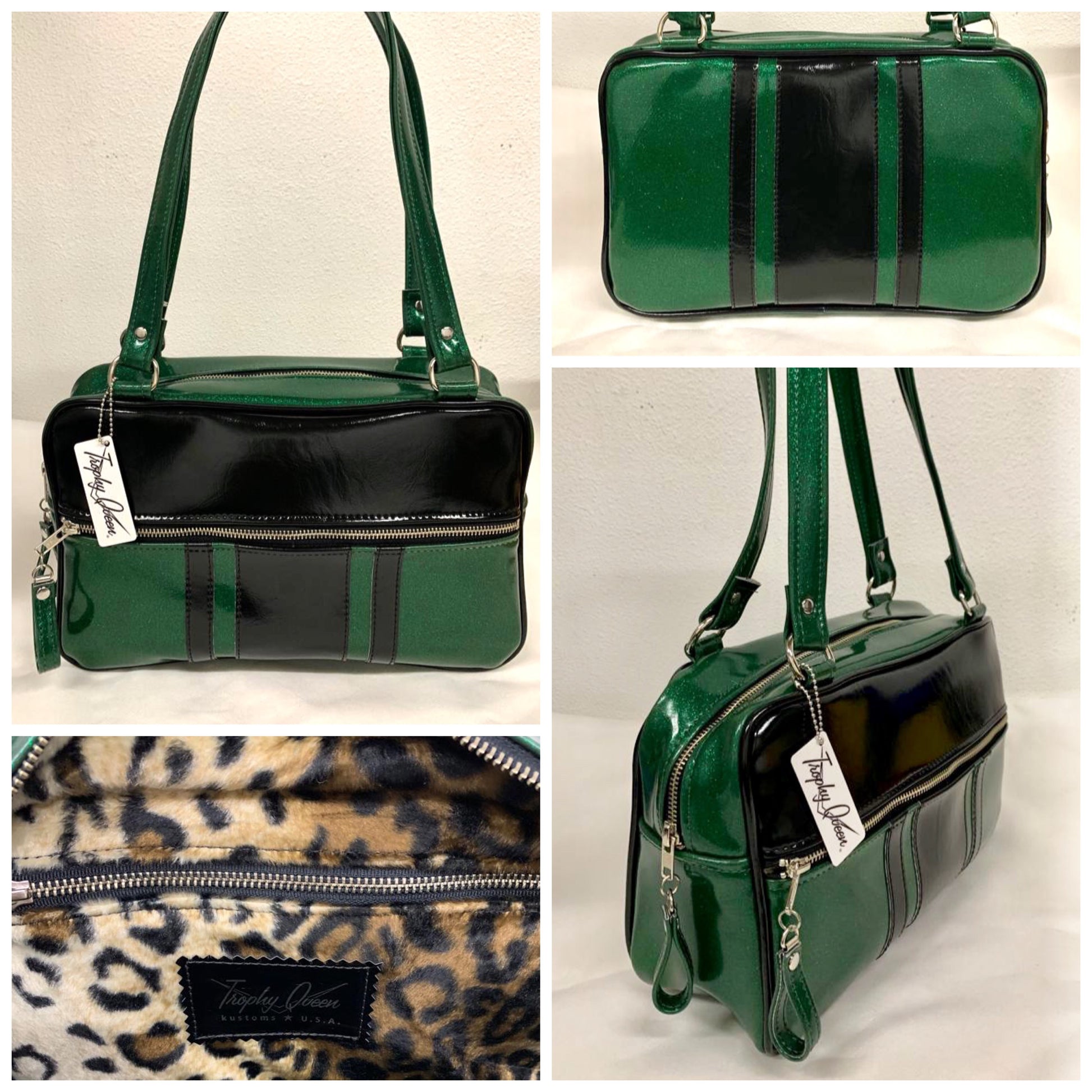 The Galaxy Tote Bag is slightly larger than the Galaxy Shoulder Bag in Green Glitter Vinyl and Grease Black Vinyl Stripes with Plush Leopard Lining. Made with nickel hardware and nickel feet, vinyl zipper pull, and 25” (61cm) straps. Inside you’ll find an open divided pocket, a zipper pocket with serial number inside and signature Trophy Queen Label. Ships from California with an extra set of replacement straps included.