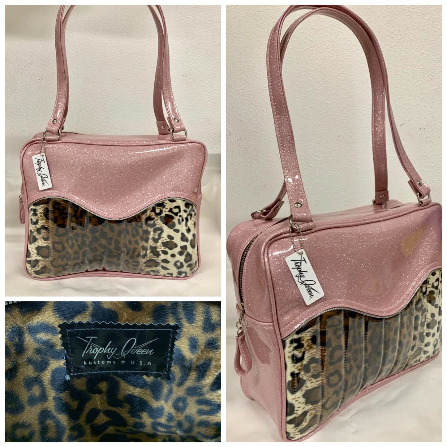 Tuck and Roll Business Bag - Leopard with Clear / Blush Pink Glitter- Leopard Lining