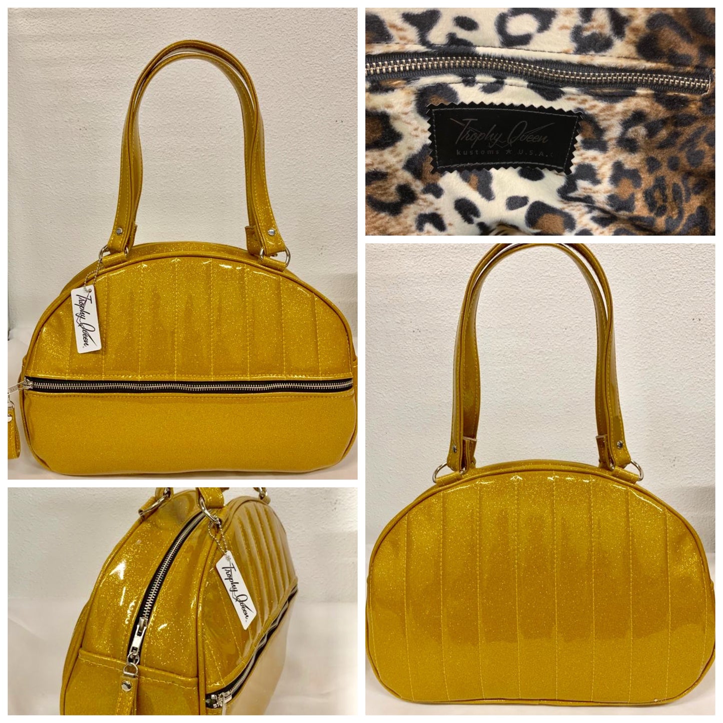 Lucky Strike Bowling Style Bag made with Marigold Glitter Vinyl and lined with Plush Leopard inside with front zipper pocket, shoulder straps with extra set included inside has divided pocket, zipper pocket with hidden serial number inside and signature trophy queen label.
