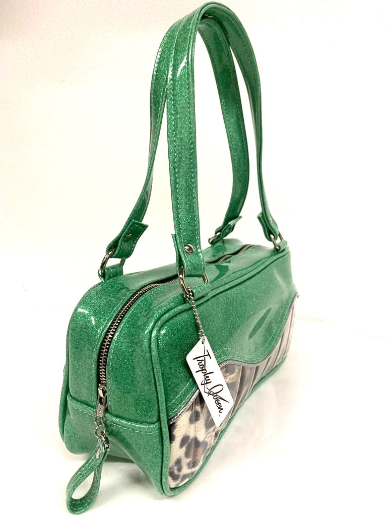 Tuck and Roll Shoulder Bag - Leopard with Clear / Sea Foam Green - Leopard Lining