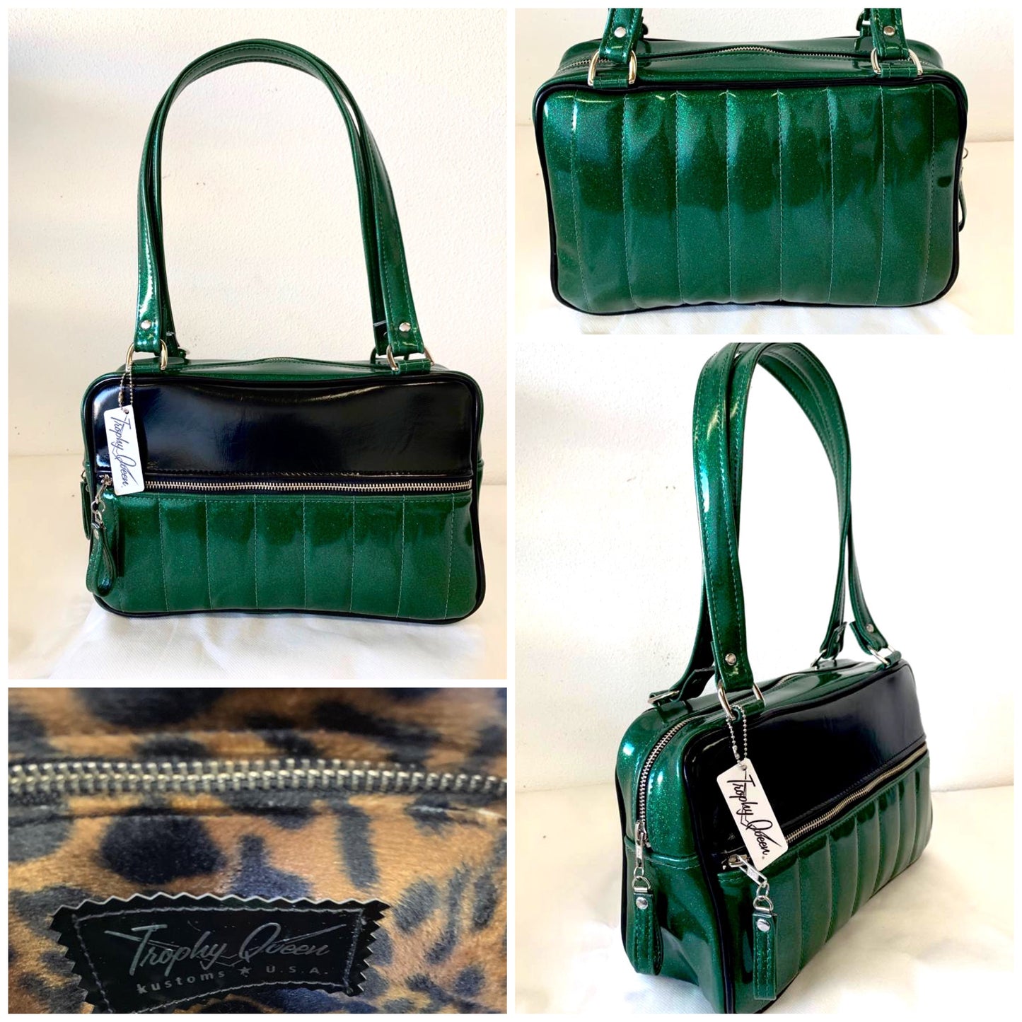 Fairlane Tote Bag in Green Glitter Vinyl and Grease Black Vinyl with plush Leopard Lining. This purse has matching vinyl zipper pull, nickel feet, inside zipper pocket with serial number and open divided pocket with signature Trophy Queen label. The straps are approximately 25” and come with an extra set of replacement straps. Locally made and ships from California.