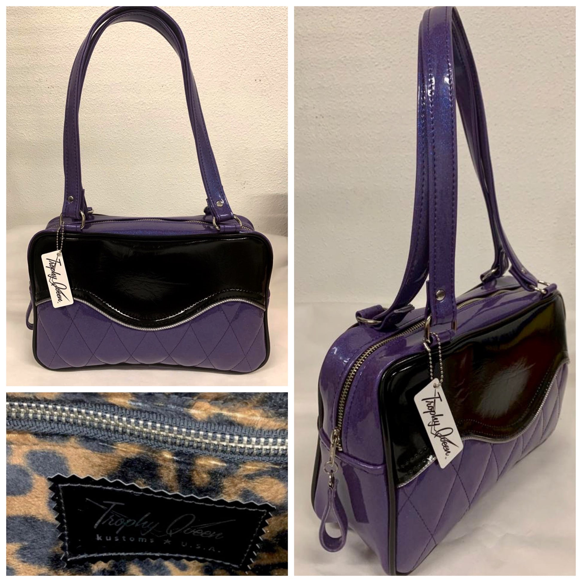 The Diamond Pleat Tuck and Roll Tote in Beatnik Purple Glitter Vinyl and Grease Black with plush leopard lining is handcrafted in California with nickel hardware and 25” straps plus it comes with replacement straps. Inside open divided pocket and inside zipper pocket with serial number hidden inside. Nickel feet, vinyl zipper pull, and signature Trophy Queen Label included. The perfect size bag for any trip!