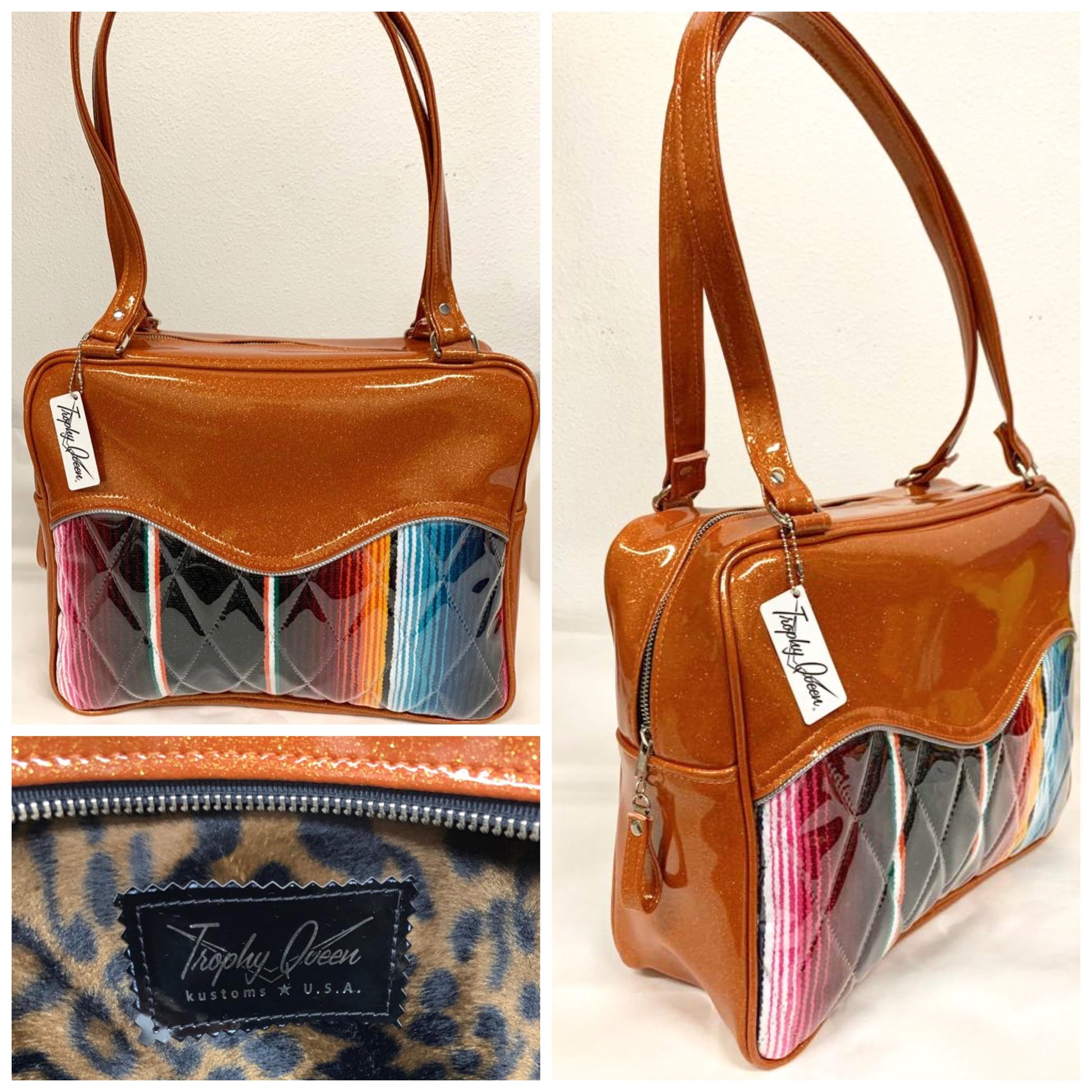 Diamond Pleat Tuck and Roll Business Bag comes in Tangerine Glitter Vinyl and Mexican Blanket with plush leopard lining, 29” straps with nickel hardware and comes with extra replacement straps! Inside has an open divided pocket and zipper pocket with hidden serial number. Tote comes with vinyl zipper pull, nickel fee and signature Trophy Queen label. Made with love in California.