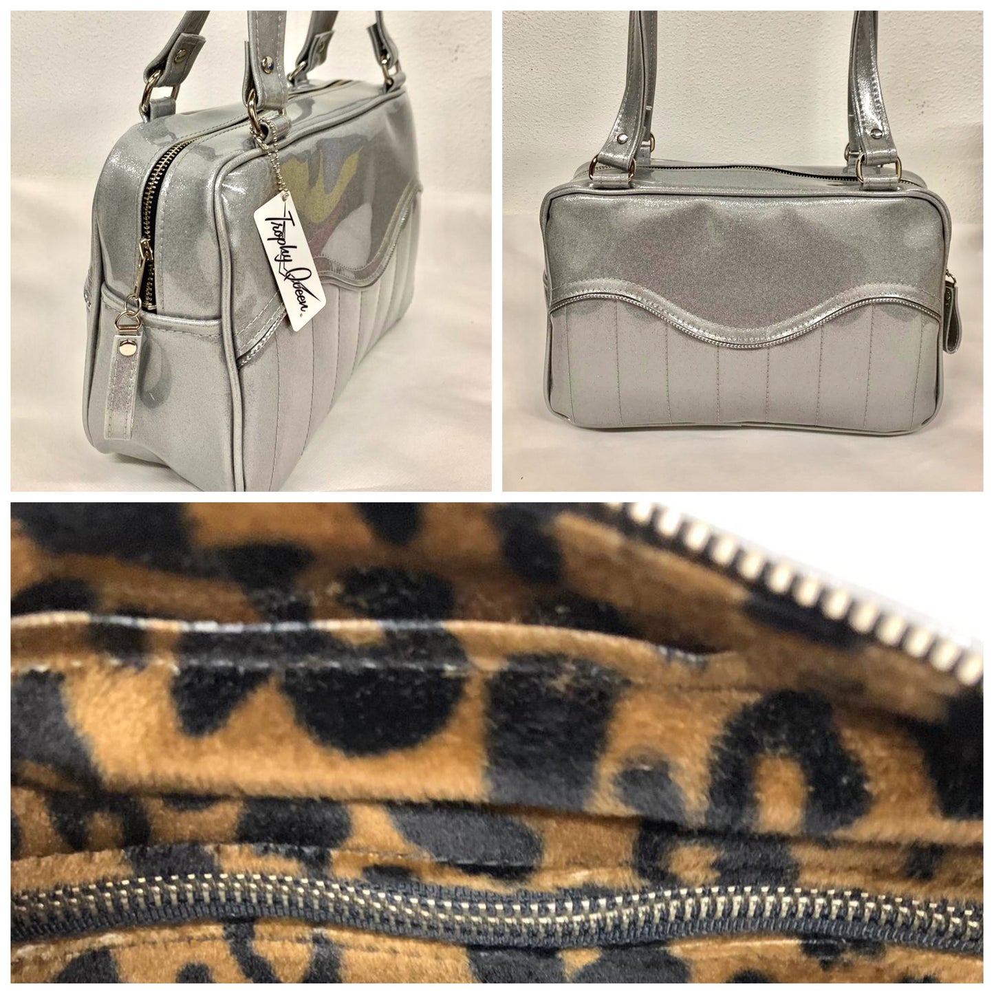 Tuck and Roll Tote Bag - Chrome Glitter Vinyl with / Leopard Lining