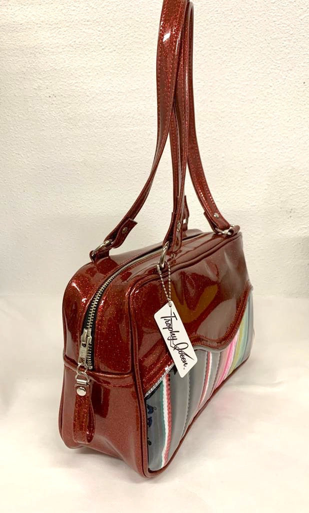 Tuck and Roll Tote Bag - Mexican Blanket / Red Glitter Vinyl - Leopard Lining