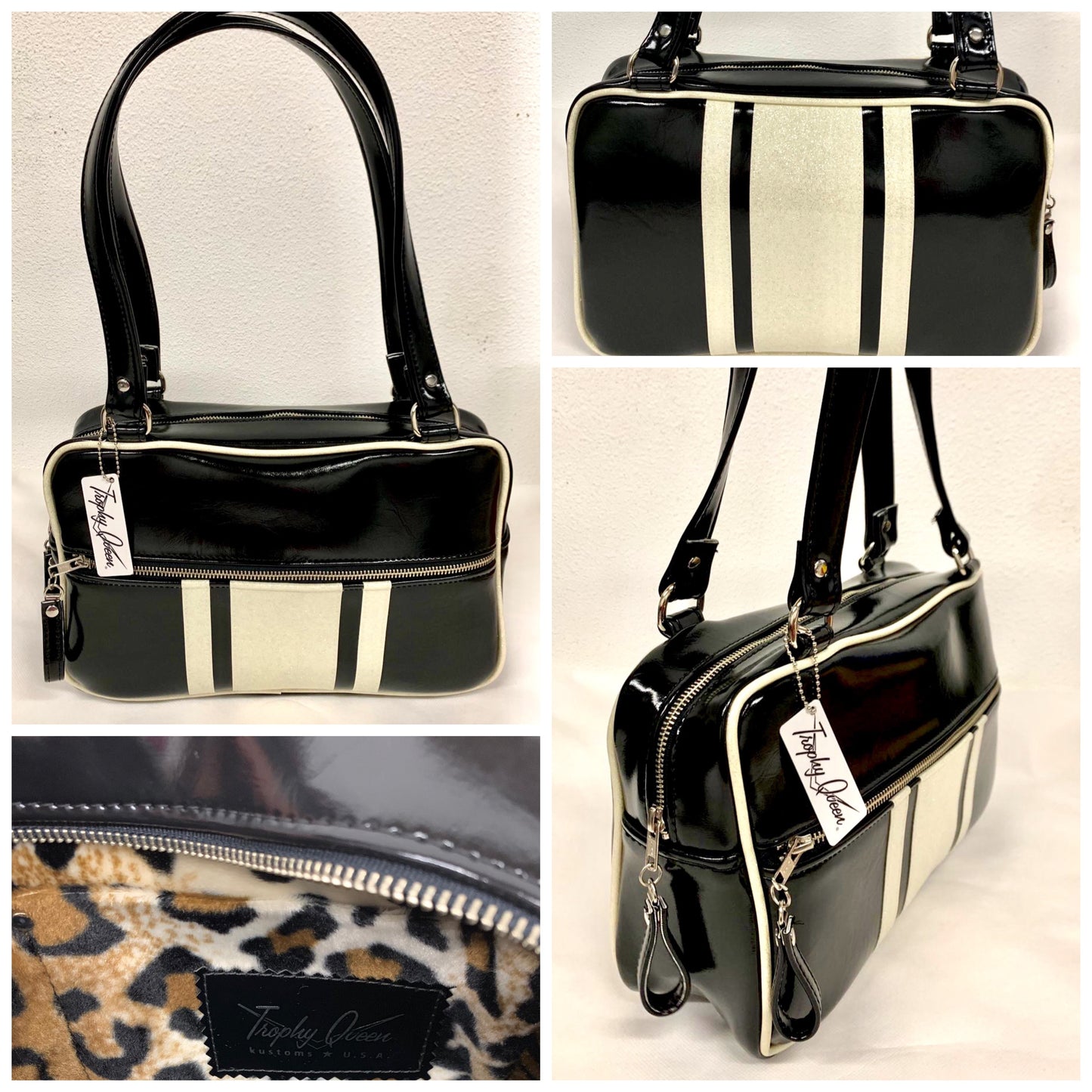 The Galaxy Tote Bag is slightly larger than the Galaxy Shoulder Bag in Grease Black Vinyl and White Glitter Stripes with Plush Leopard Lining. Made with nickel hardware and nickel feet, vinyl zipper pull, and 25” (61cm) straps. Inside you’ll find an open divided pocket, a zipper pocket with serial number inside and signature Trophy Queen Label. Ships from California with an extra set of replacement straps included.