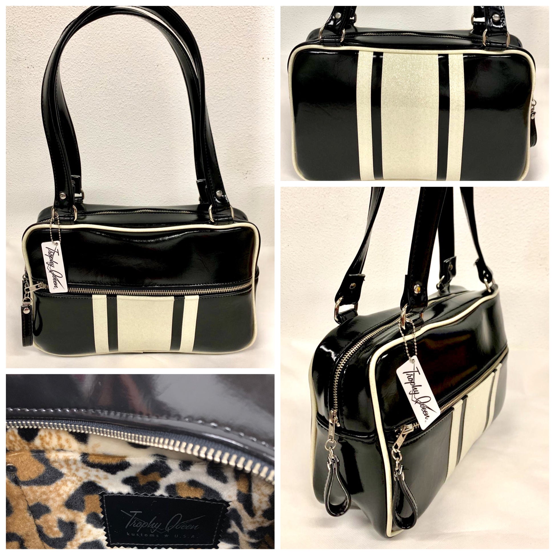 The Galaxy Tote Bag is slightly larger than the Galaxy Shoulder Bag in Grease Black Vinyl and White Glitter Stripes with Plush Leopard Lining. Made with nickel hardware and nickel feet, vinyl zipper pull, and 25” (61cm) straps. Inside you’ll find an open divided pocket, a zipper pocket with serial number inside and signature Trophy Queen Label. Ships from California with an extra set of replacement straps included.