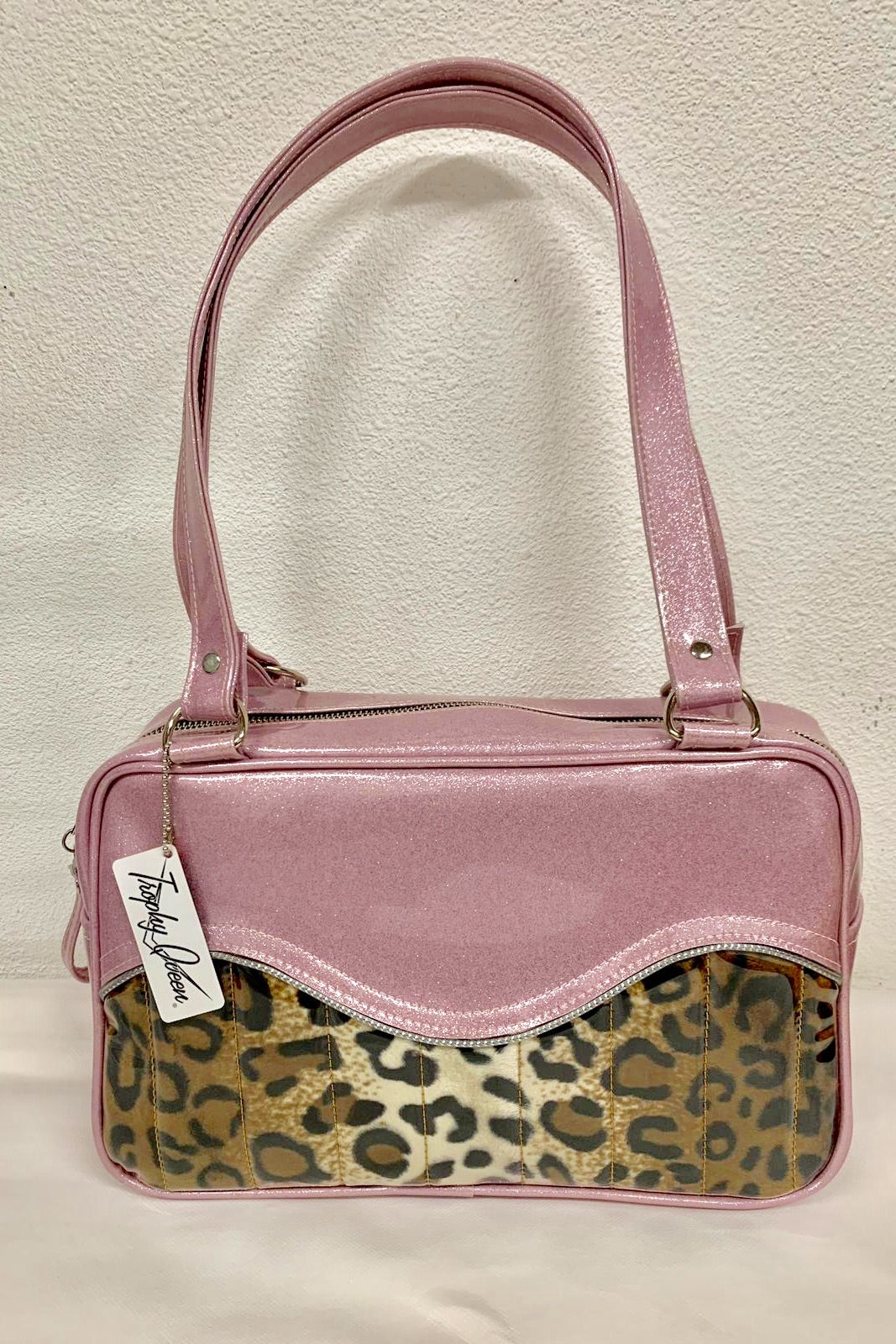 Diamond Pleat Tuck and Roll Tote Bag - Leopard Print/ Blush Pink Glitter