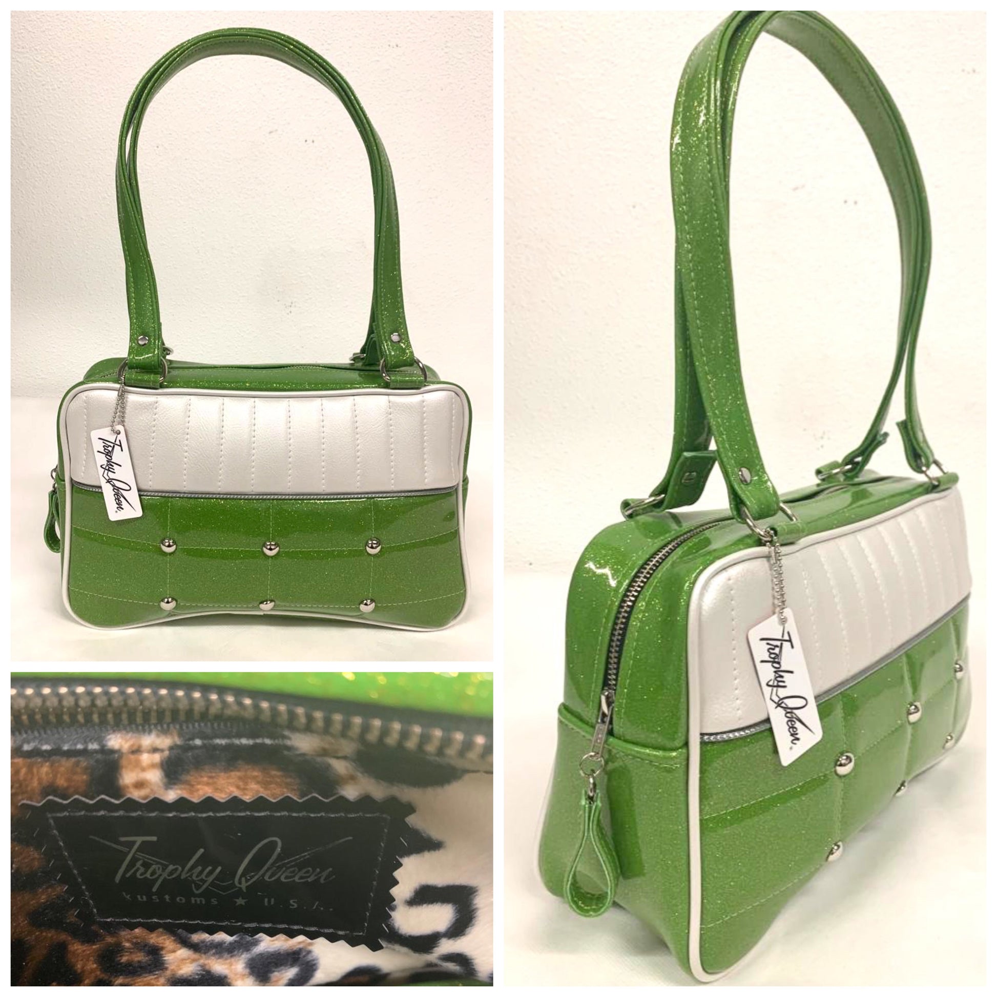 Lincoln Tote in Lime Green Glitter and Pearl White Vinyl with Plush Leopard Lining. Matching vinyl zipper pull, nickel feet, inside zipper pocket with serial number and open divided pocket with signature Trophy Queen label. The straps are approximately 25” and come with an extra set of replacement straps. Locally made and ships from California