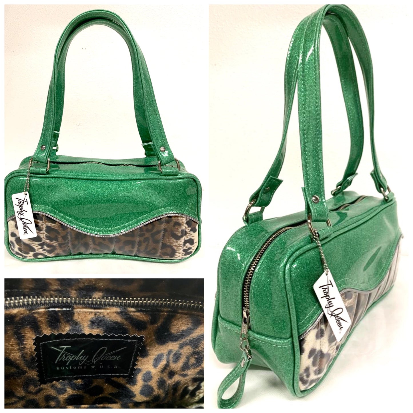Tuck and Roll Shoulder Bag - Leopard with Clear / Sea Foam Green - Leopard Lining