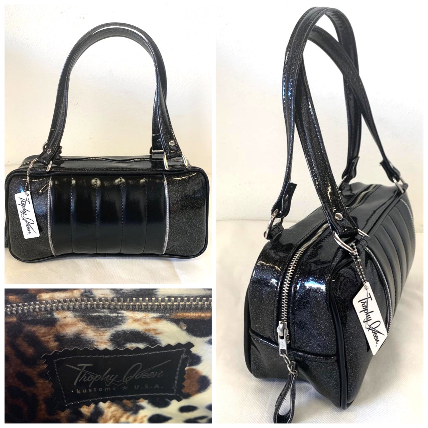 Roadster Shoulder Bag - Coal Black Glitter Vinyl / Grease Black Vinyl - Leopard Lining