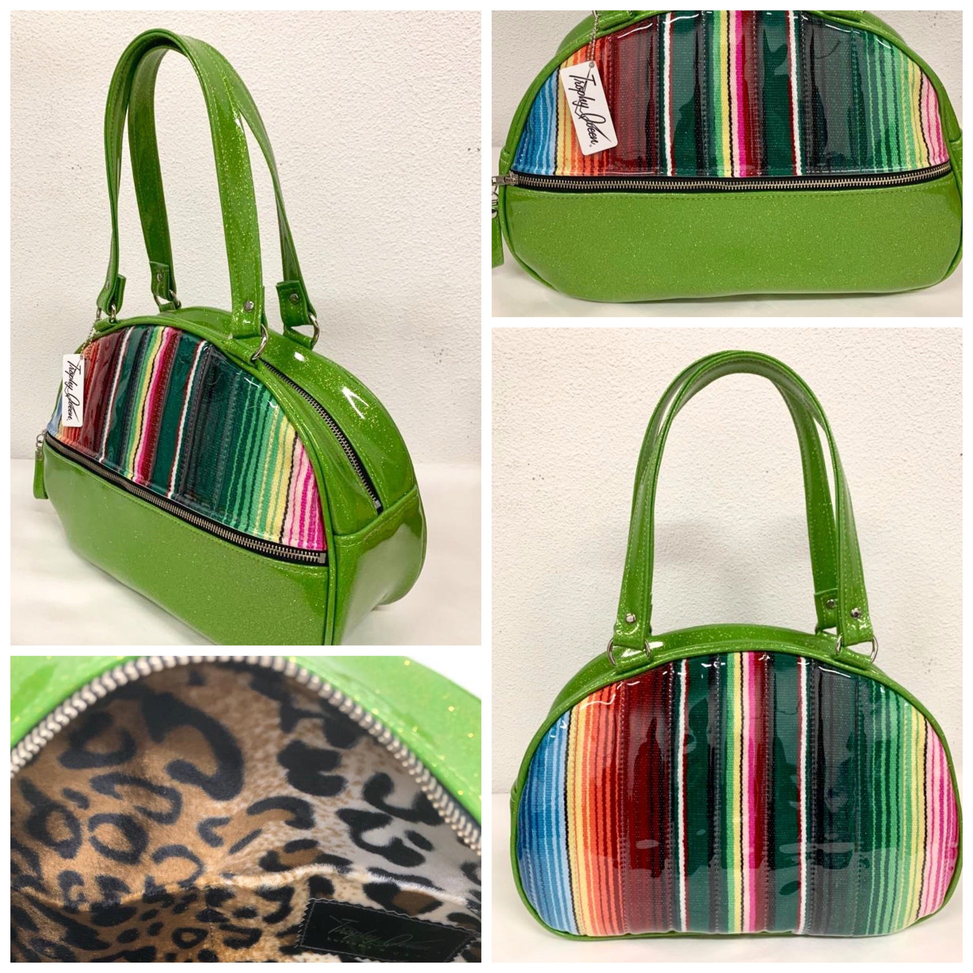 Lucky Strike Bowling Style Bag made with Lime Green Glitter and Mexican Blanket with Clear Overly Vinyl and lined with Plush Leopard inside with front zipper pocket, shoulder straps with extra set included inside has divided pocket, zipper pocket with hidden serial number inside and signature trophy queen label.